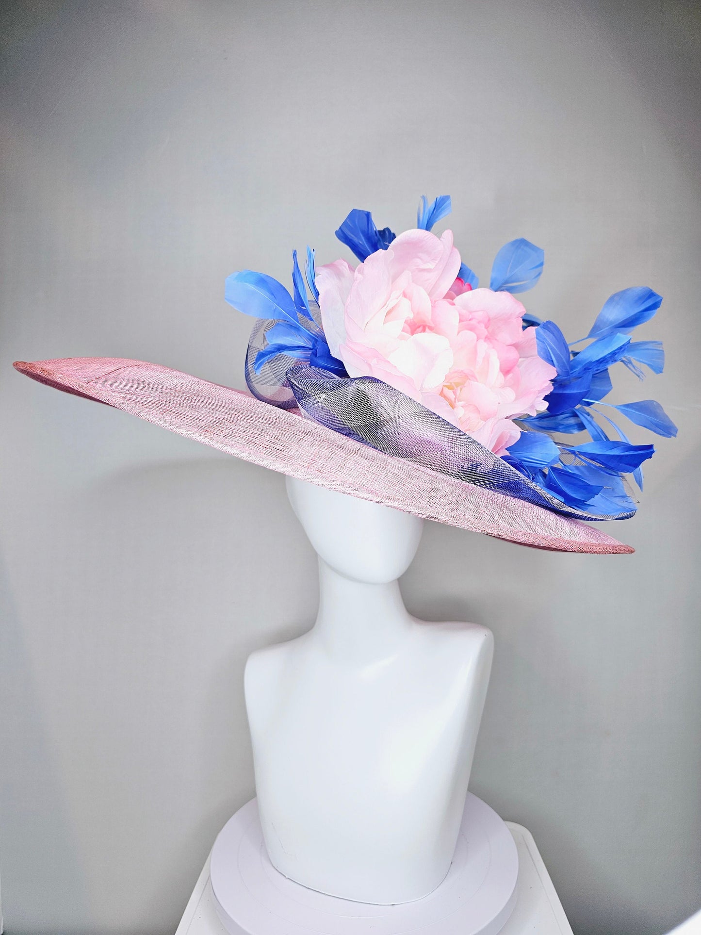 kentucky derby hat large wide brim sinamay blush pink hat with large blush light pink satin flower, blue feathers and blue gingham crinoline