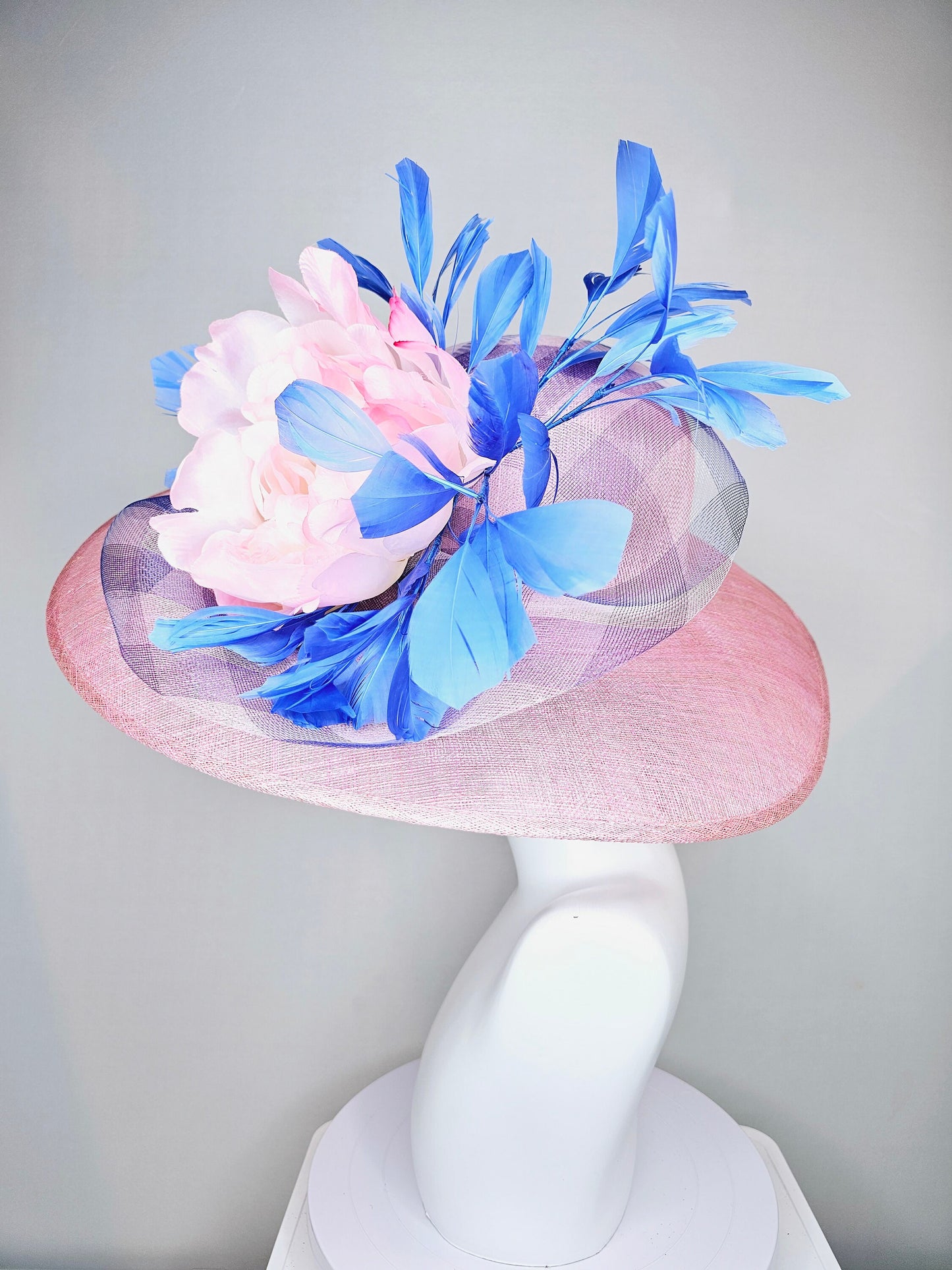 kentucky derby hat large wide brim sinamay blush pink hat with large blush light pink satin flower, blue feathers and blue gingham crinoline