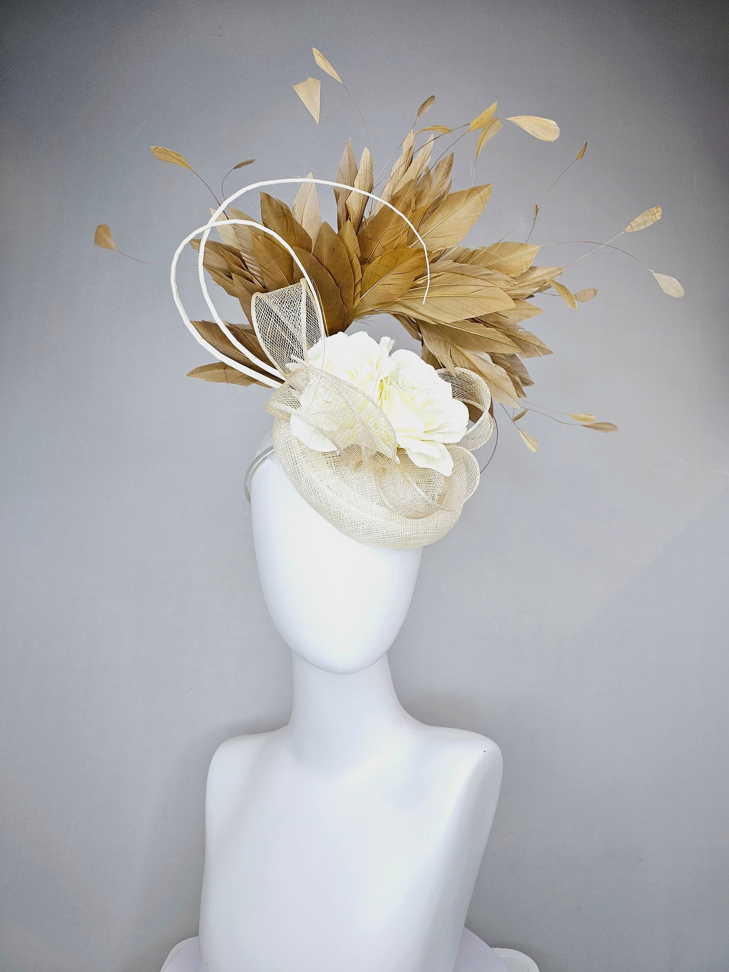 kentucky derby hat fascinator ivory beige sinamay with ivory blush flower and curls with gold taupe feathers