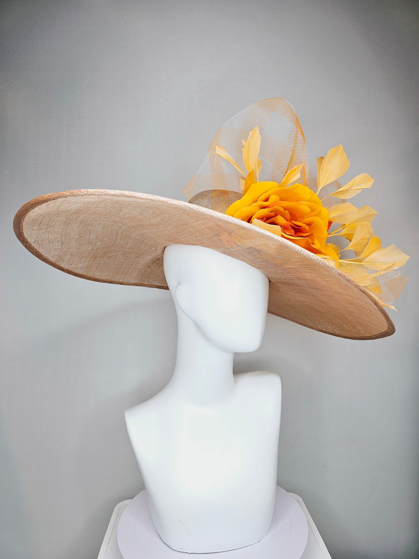 kentucky derby hat large wide brim sinamay taupe neutral hat with burnt orange satin flower,orange feathers and orange gingham crinoline