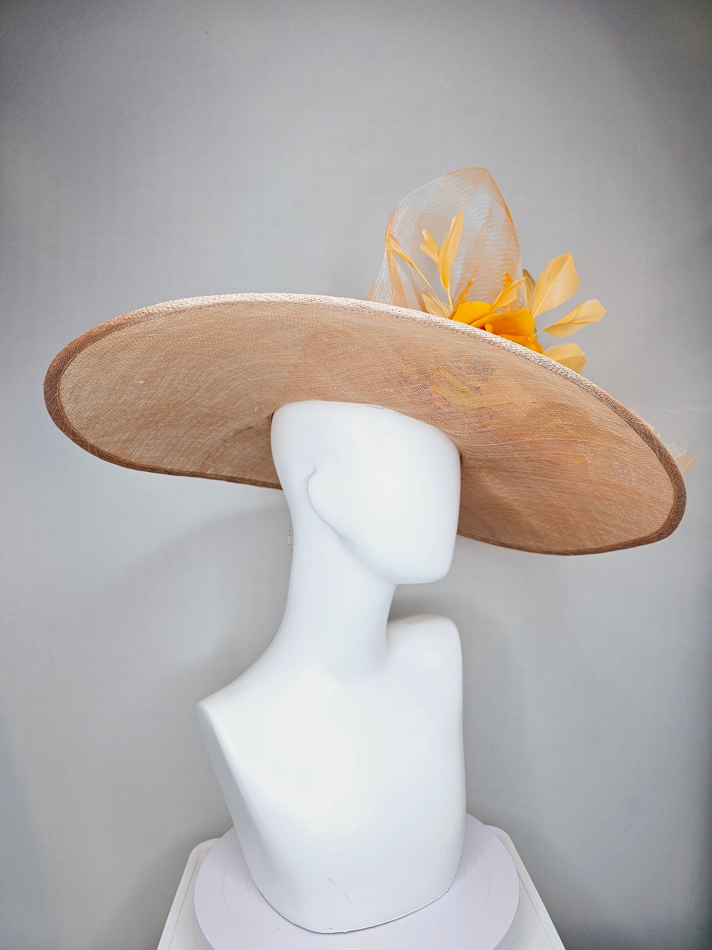 kentucky derby hat large wide brim sinamay taupe neutral hat with burnt orange satin flower,orange feathers and orange gingham crinoline