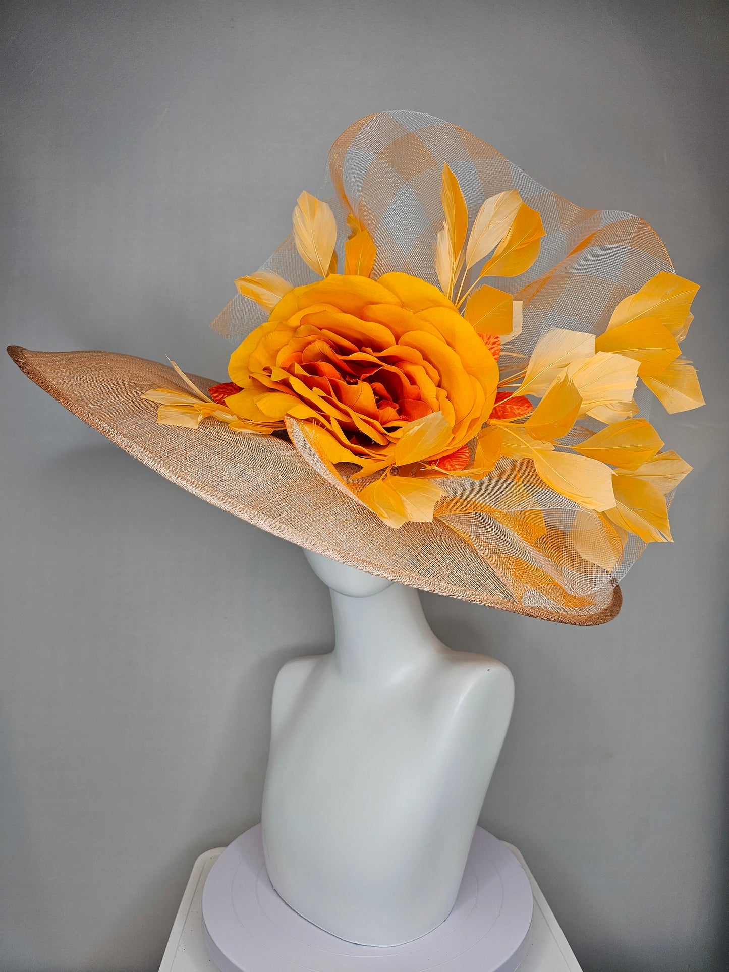 kentucky derby hat large wide brim sinamay taupe neutral hat with burnt orange satin flower,orange feathers and orange gingham crinoline