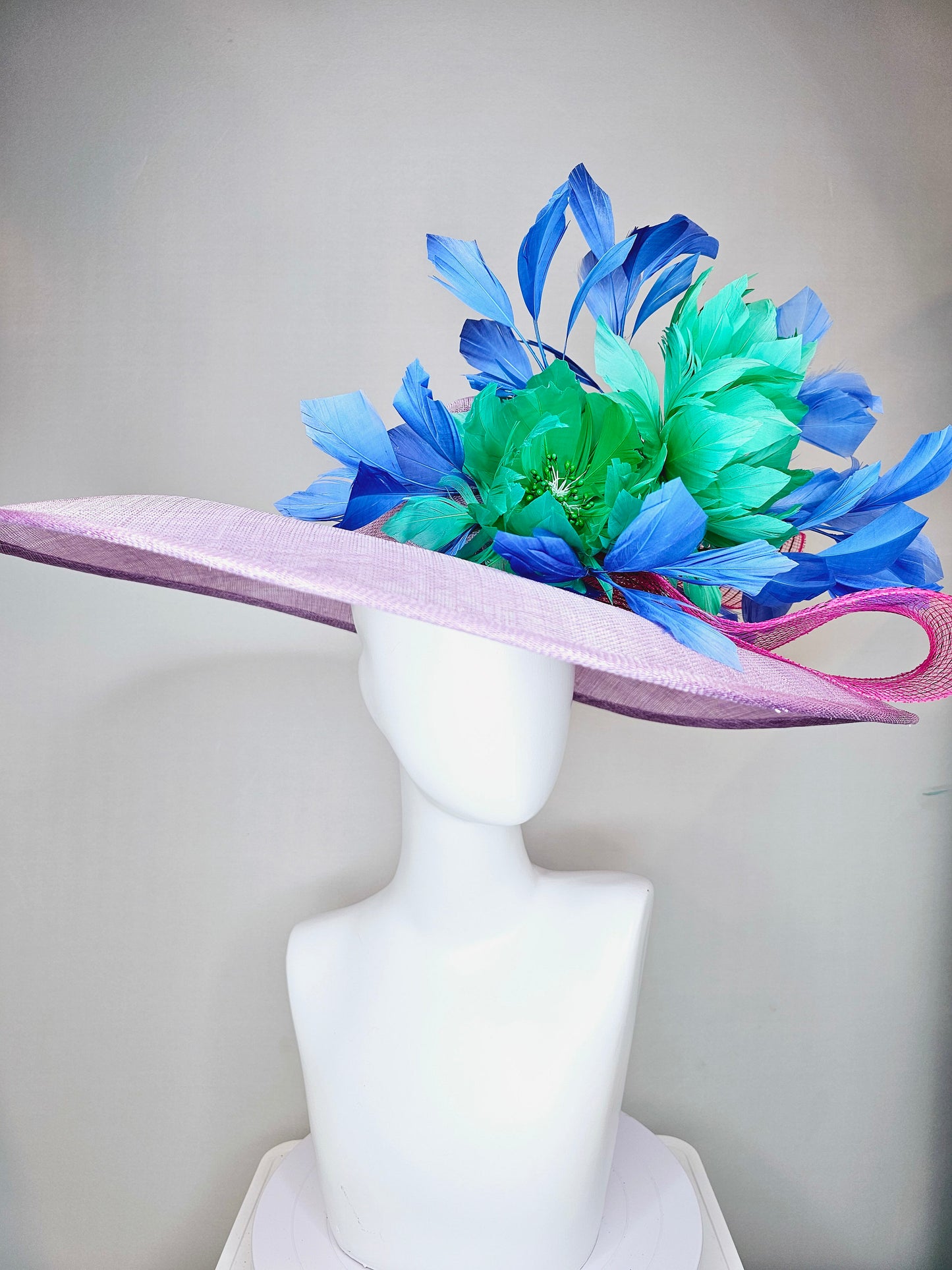 kentucky derby hat large wide brim sinamay purple lavender hat w emerald green feather flowers, blue feathers and bright pink crinoline