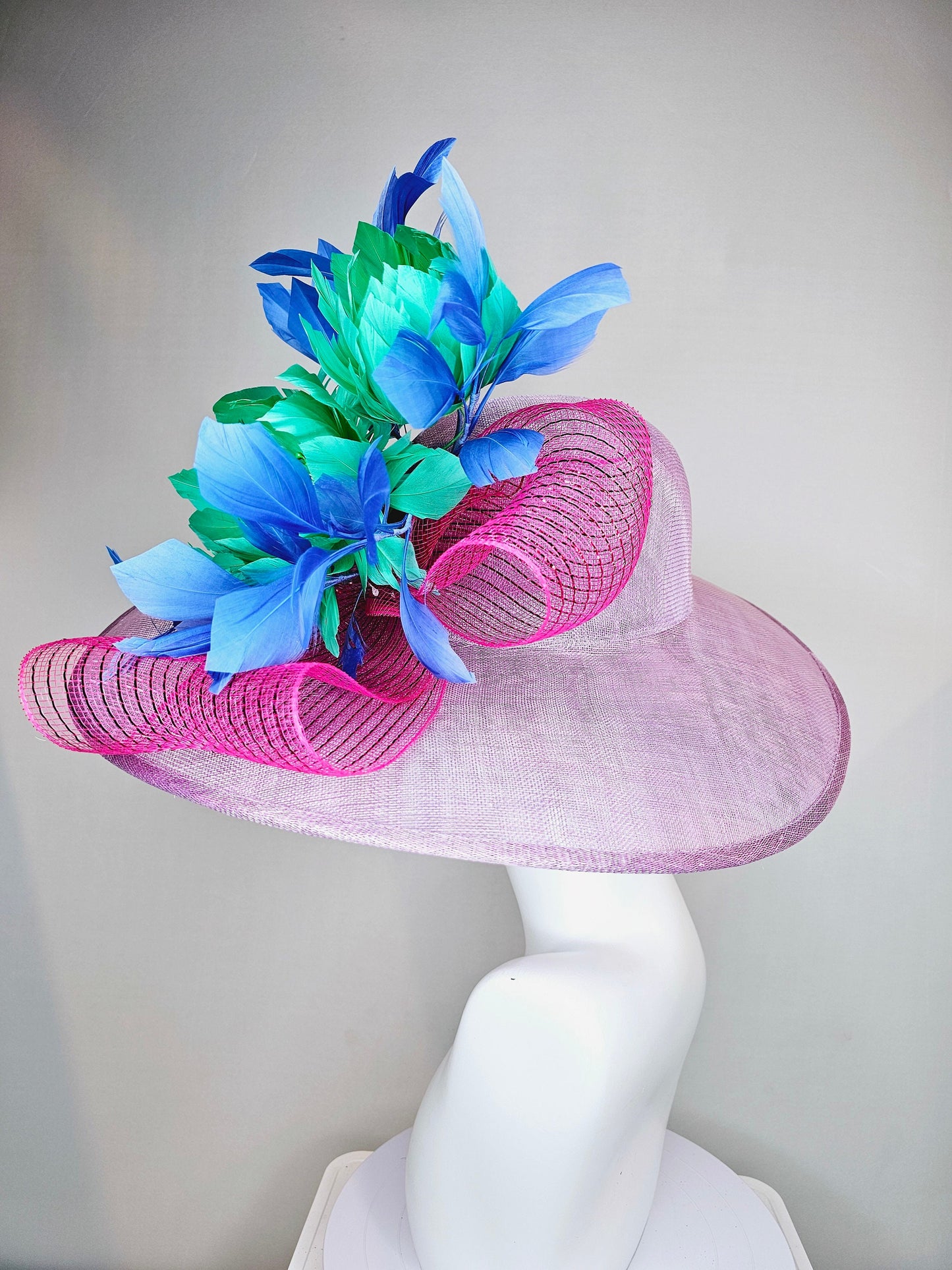kentucky derby hat large wide brim sinamay purple lavender hat w emerald green feather flowers, blue feathers and bright pink crinoline
