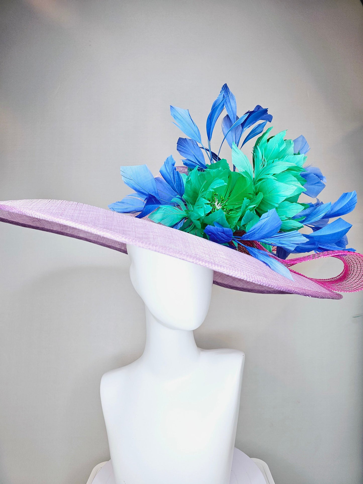 kentucky derby hat large wide brim sinamay purple lavender hat w emerald green feather flowers, blue feathers and bright pink crinoline