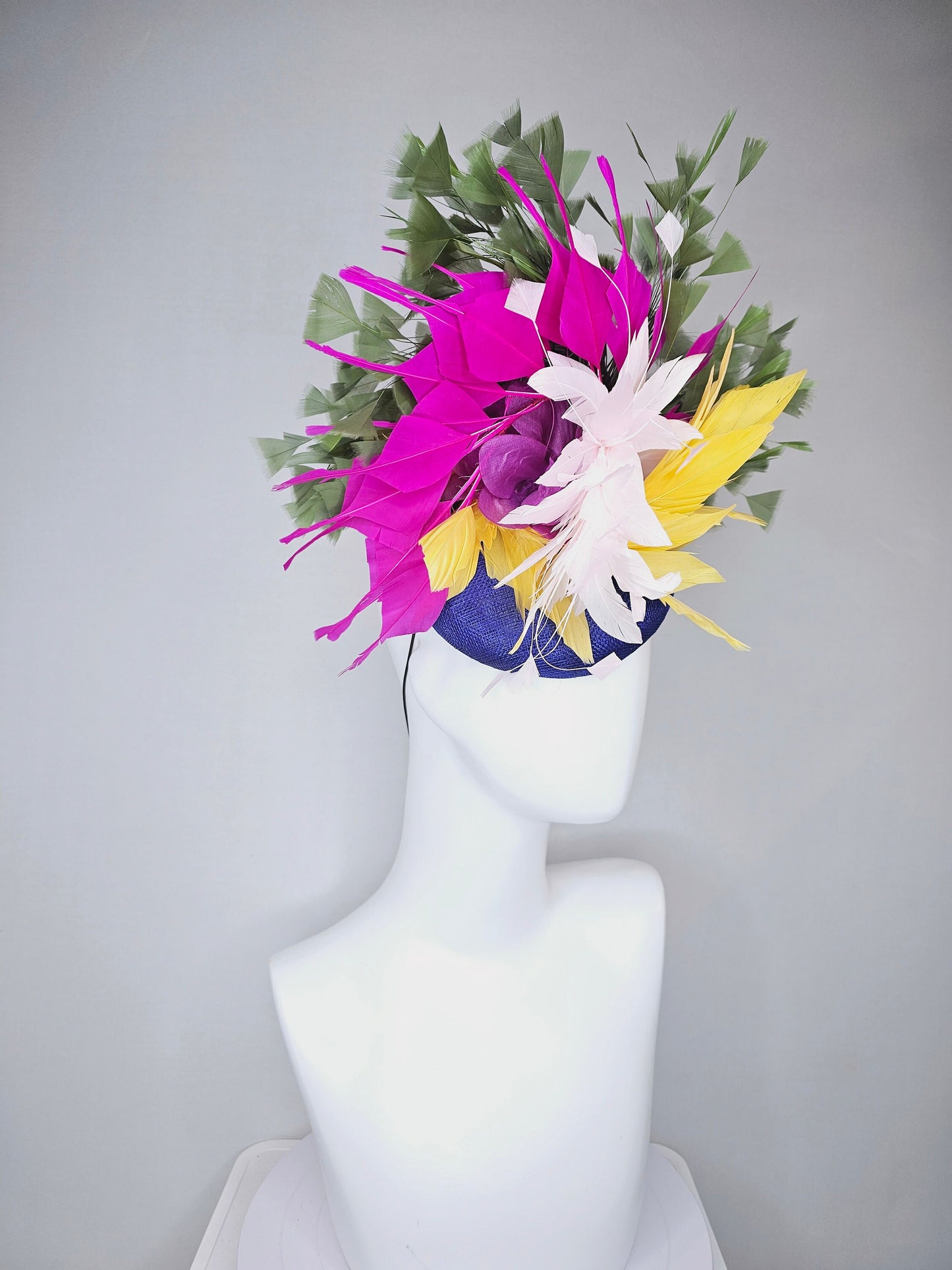 kentucky derby hat fascinator royal blue sinamay with bright yellow, ivory white,fuchsia pink, and hunter green branching feathers
