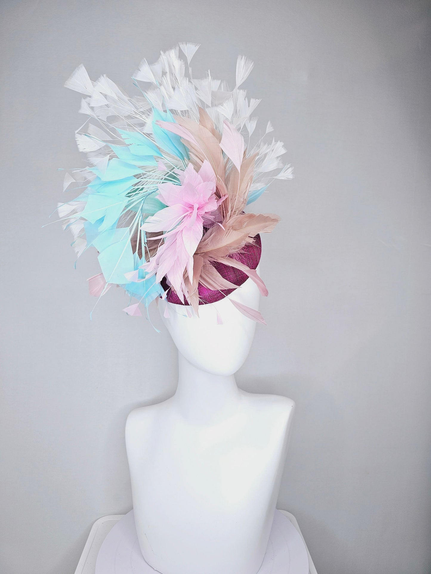 kentucky derby hat fascinator purple violet sinamay with neutral taupe tan, baby pink, and aqua blue branching feathers