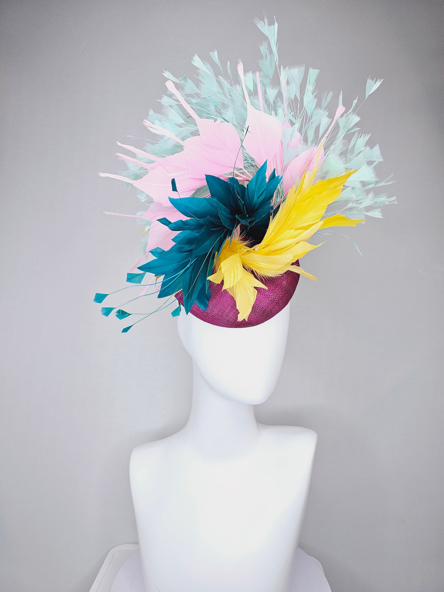 kentucky derby hat fascinator purple violet sinamay with colorful bright yellow, teal blue, baby pink, and baby blue branching feathers