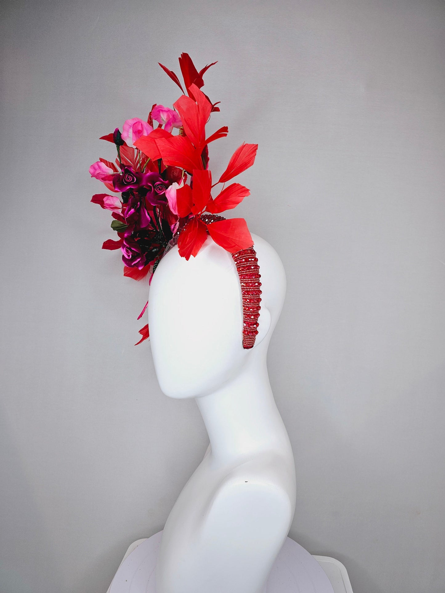 kentucky derby hat fascinator red wine roses with pink white ombre flowers and large red feathers on red beaded crystal headband
