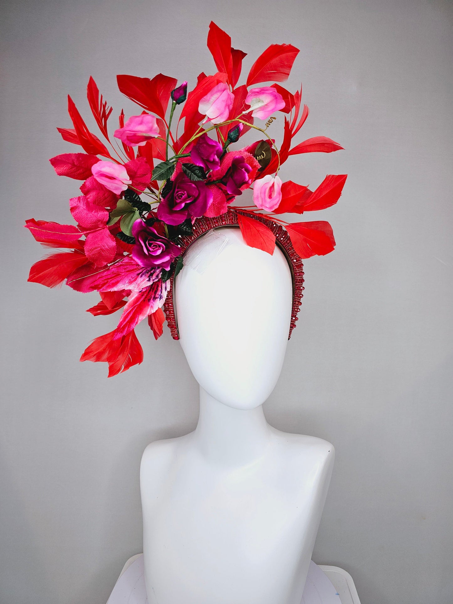 kentucky derby hat fascinator red wine roses with pink white ombre flowers and large red feathers on red beaded crystal headband