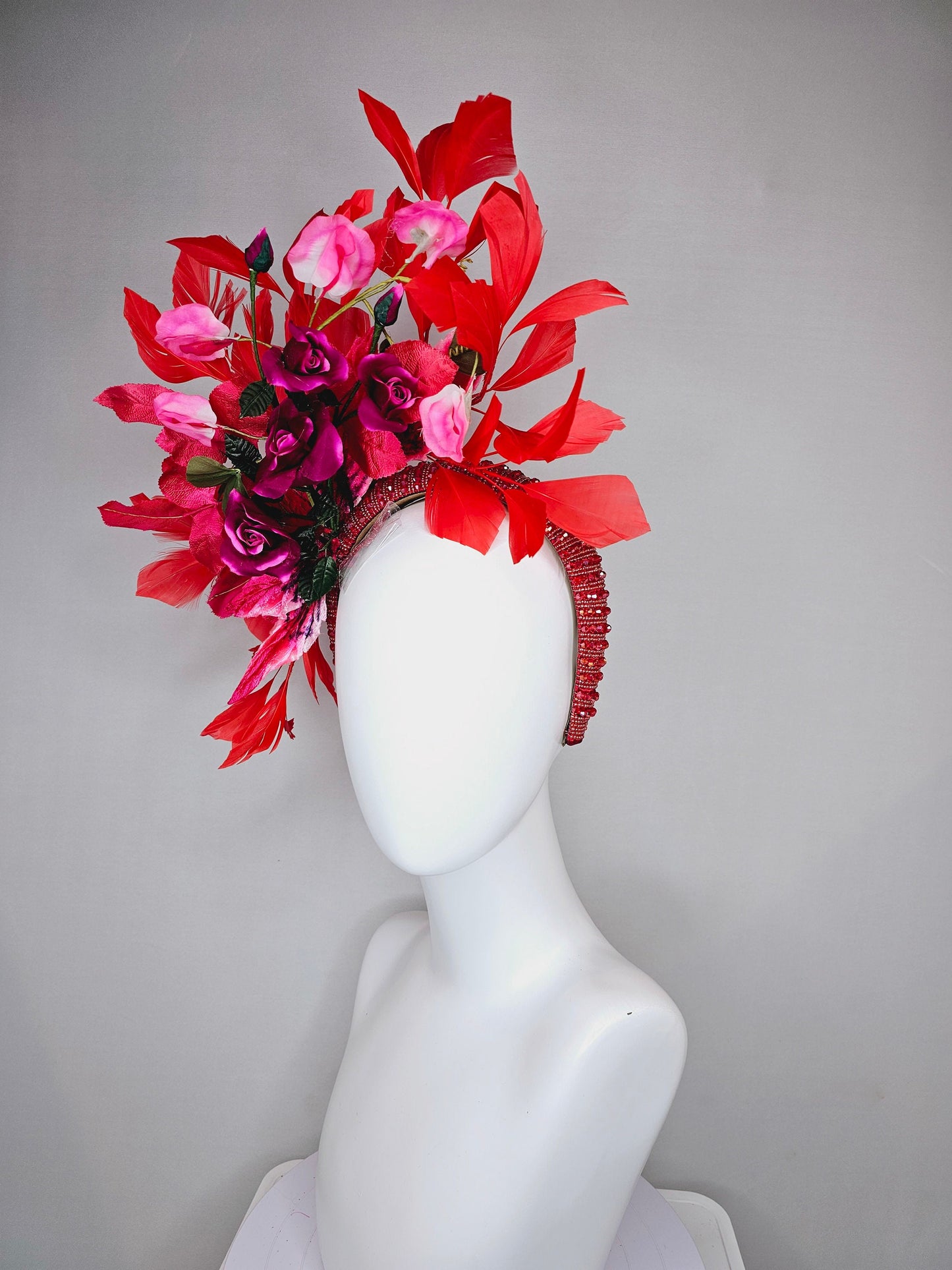 kentucky derby hat fascinator red wine roses with pink white ombre flowers and large red feathers on red beaded crystal headband