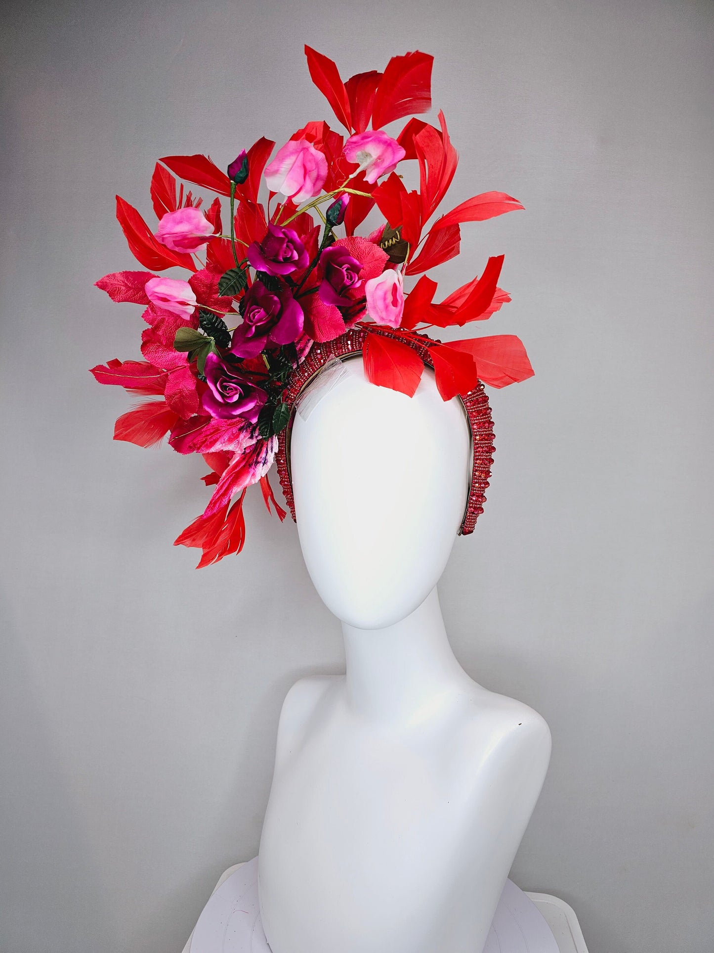 kentucky derby hat fascinator red wine roses with pink white ombre flowers and large red feathers on red beaded crystal headband