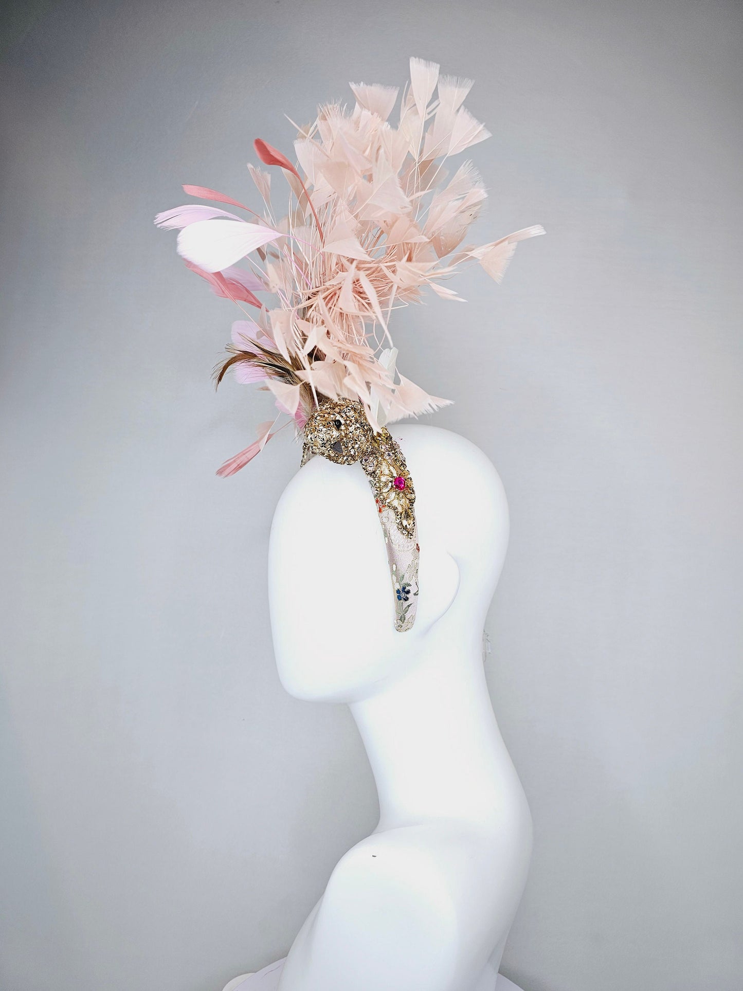 kentucky derby hat fascinator gold blush pink brocade jewel headband with gold sequined bird and white,blush pink, and peach feathers