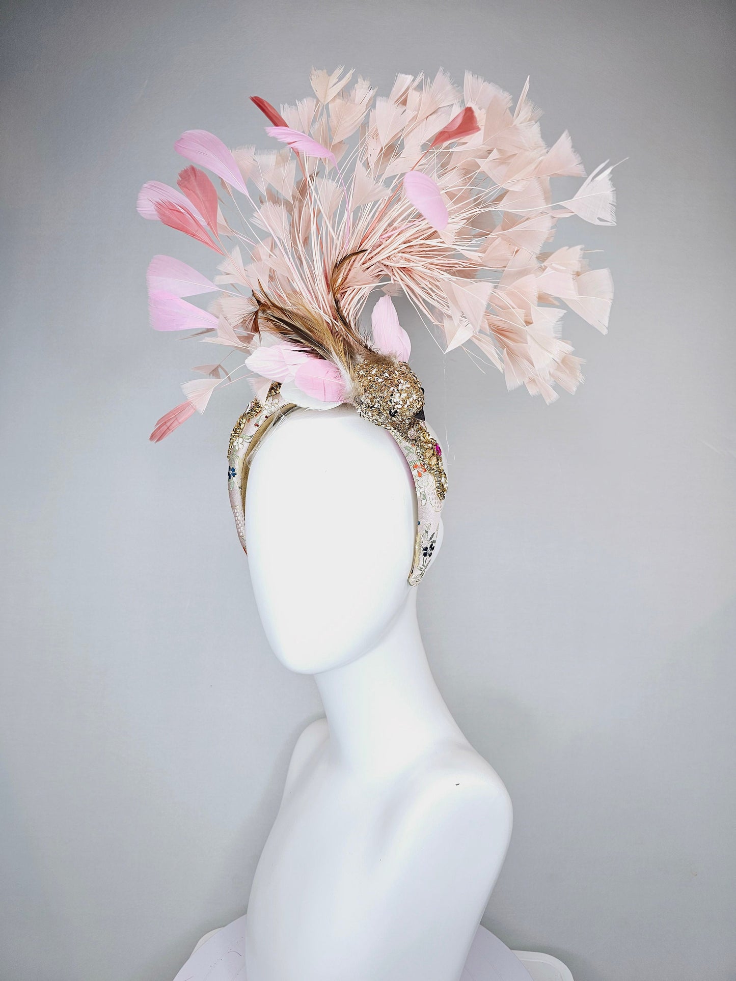 kentucky derby hat fascinator gold blush pink brocade jewel headband with gold sequined bird and white,blush pink, and peach feathers