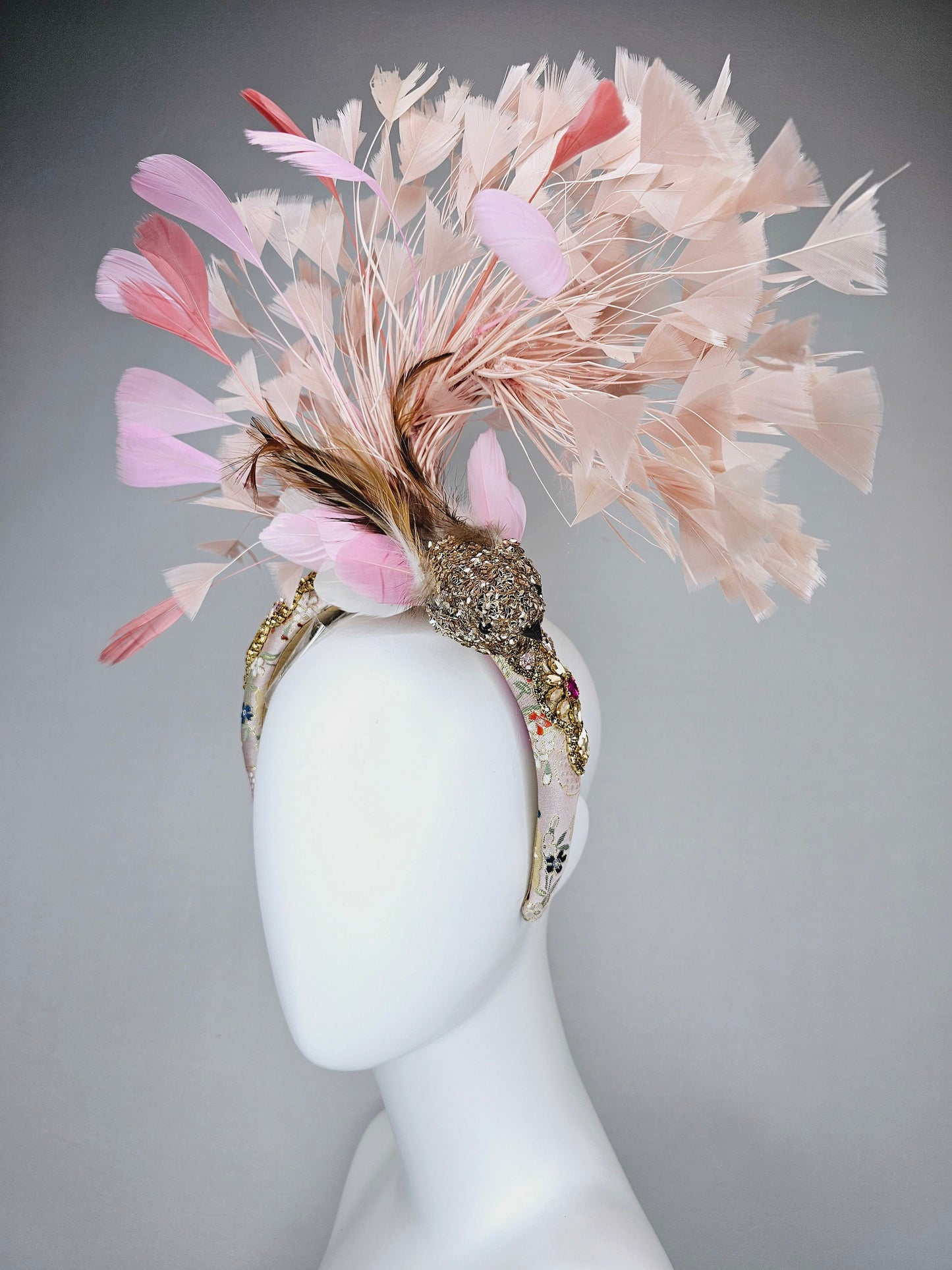 kentucky derby hat fascinator gold blush pink brocade jewel headband with gold sequined bird and white,blush pink, and peach feathers