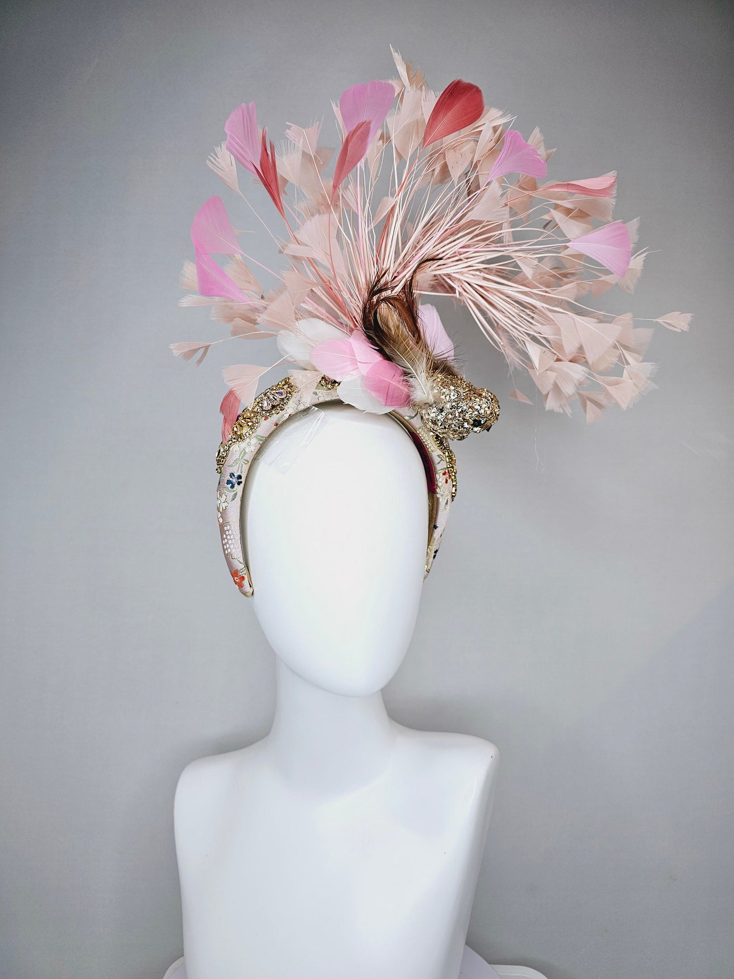 kentucky derby hat fascinator gold blush pink brocade jewel headband with gold sequined bird and white,blush pink, and peach feathers