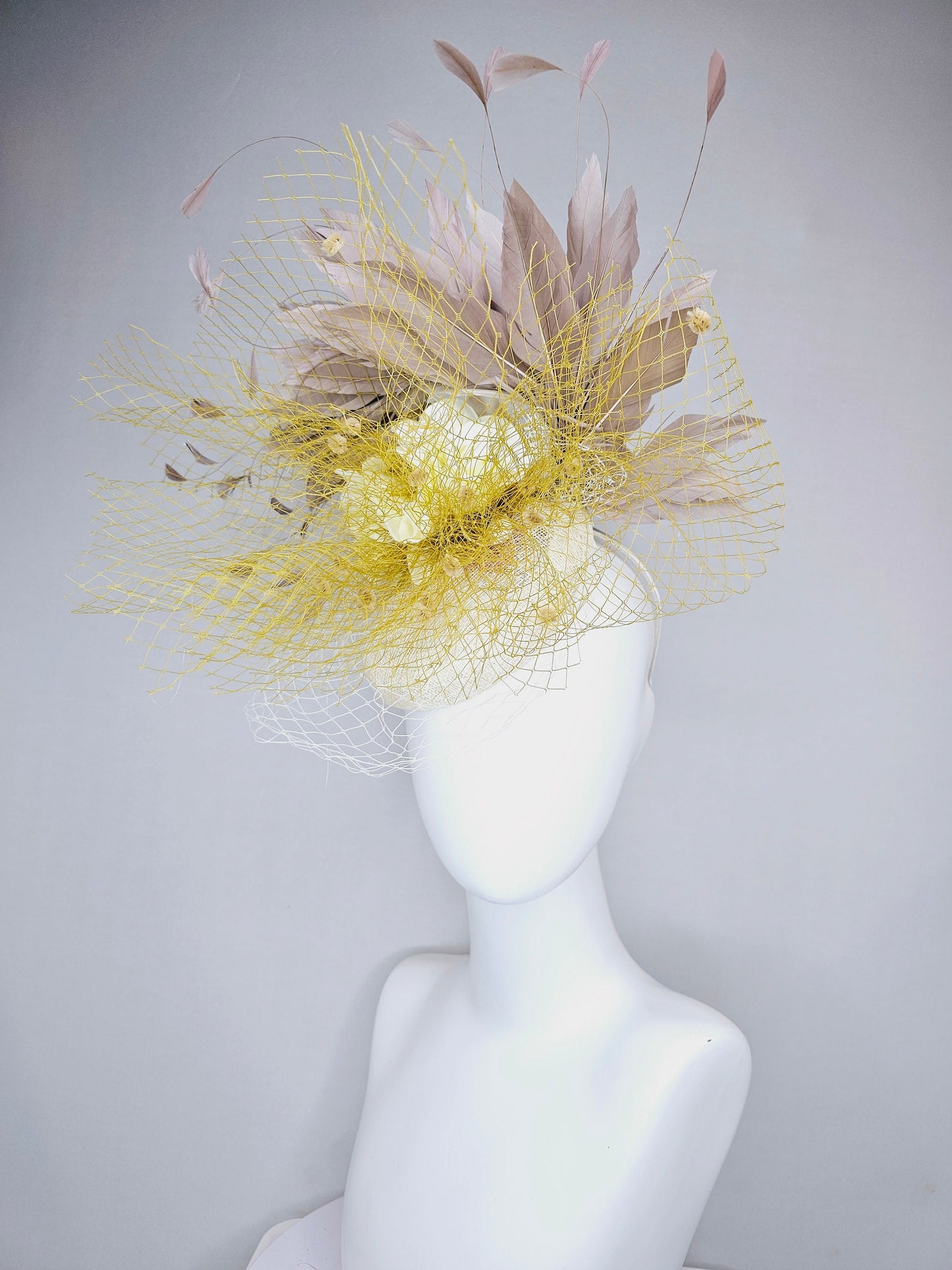 kentucky derby hat fascinator white ivory sinamay with mustard yellow gold netting and ivory rose flower gold taupe feathers