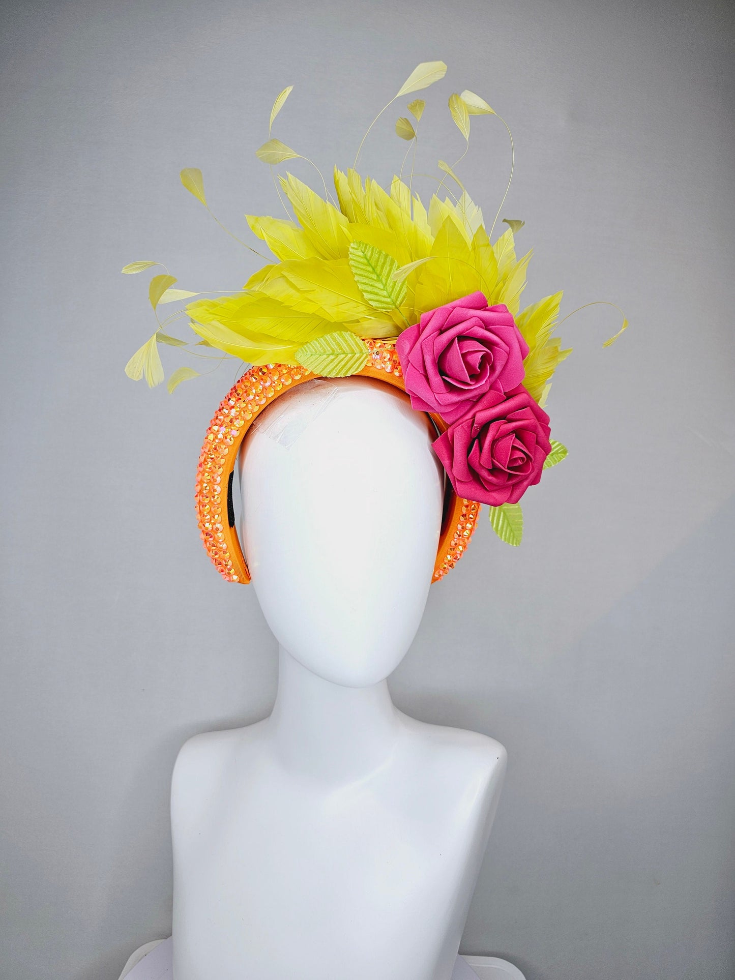 kentucky derby hat fascinator bright yellow feathers on iridescent crystal bright orange headband with pink roses and orange leaves