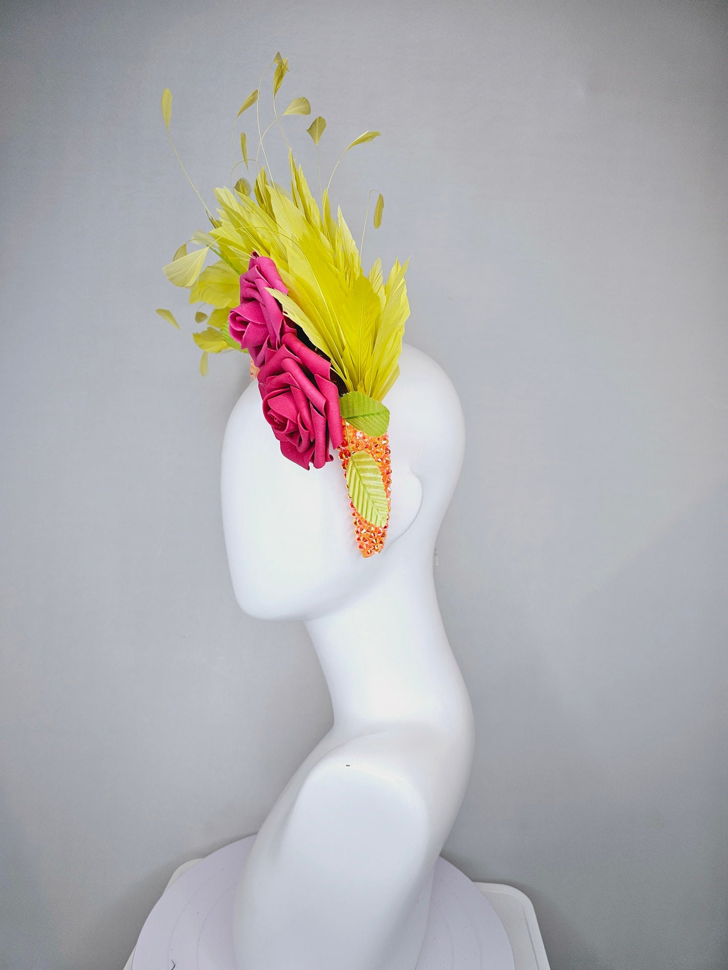 kentucky derby hat fascinator bright yellow feathers on iridescent crystal bright orange headband with pink roses and orange leaves