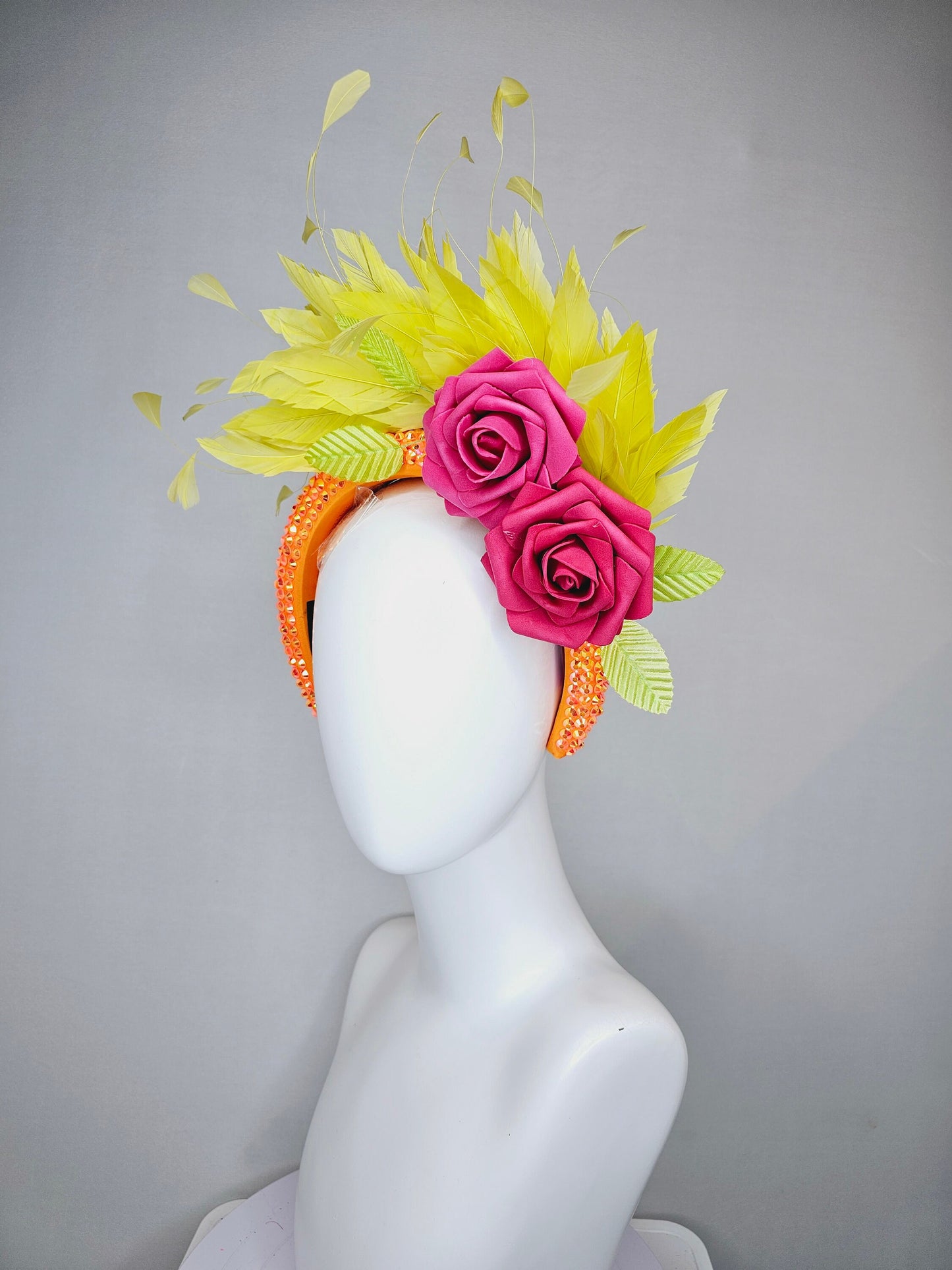 kentucky derby hat fascinator bright yellow feathers on iridescent crystal bright orange headband with pink roses and orange leaves
