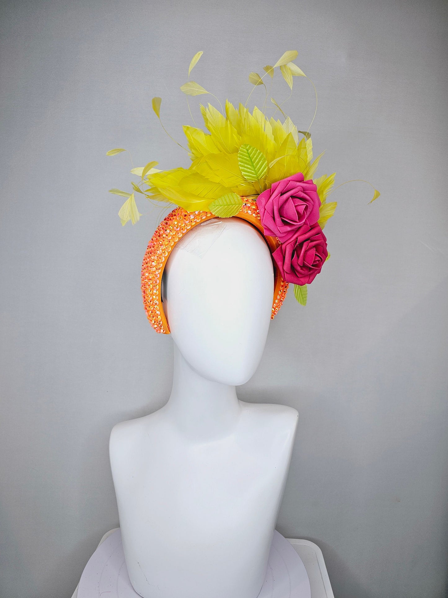 kentucky derby hat fascinator bright yellow feathers on iridescent crystal bright orange headband with pink roses and orange leaves