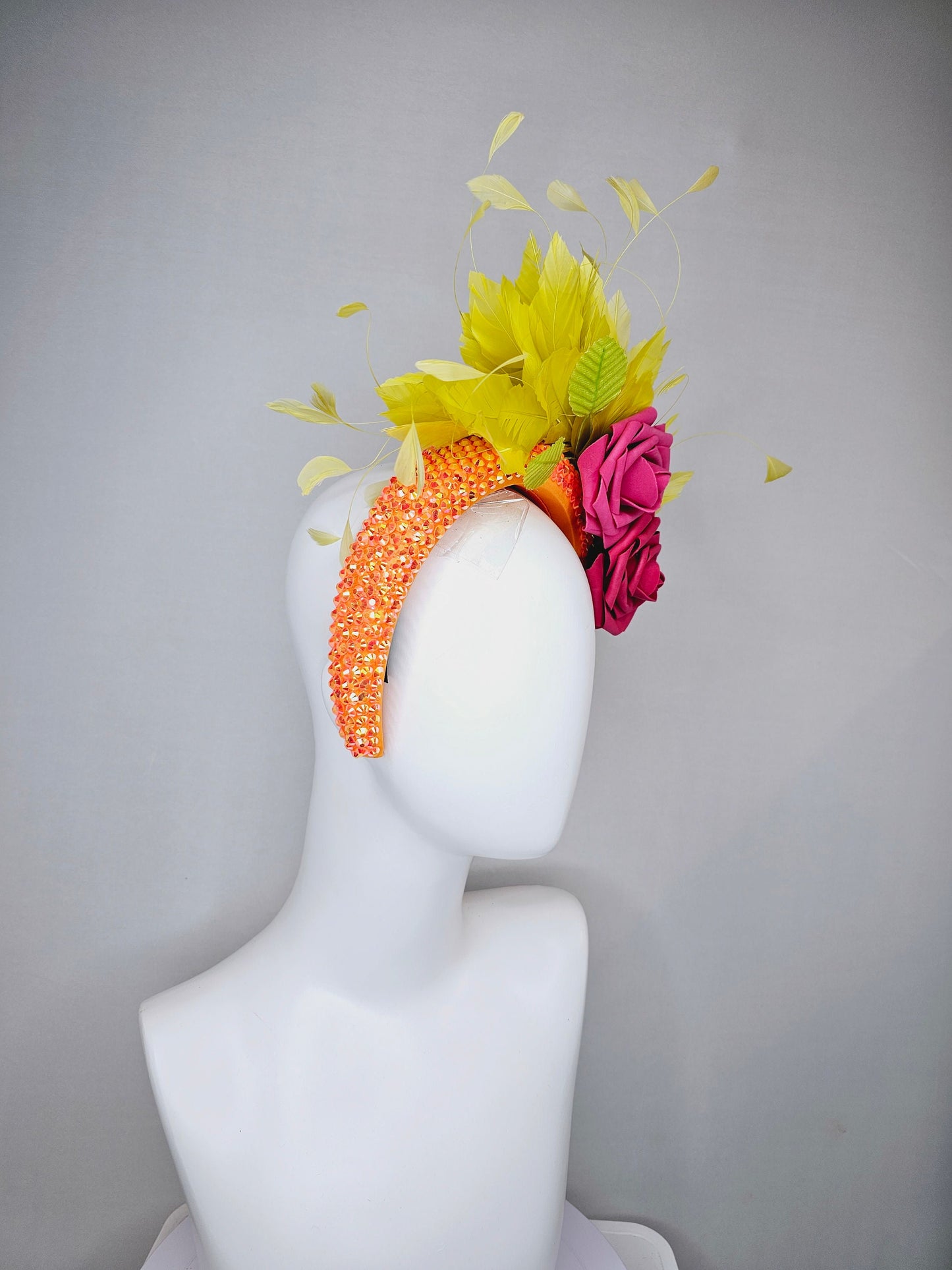 kentucky derby hat fascinator bright yellow feathers on iridescent crystal bright orange headband with pink roses and orange leaves