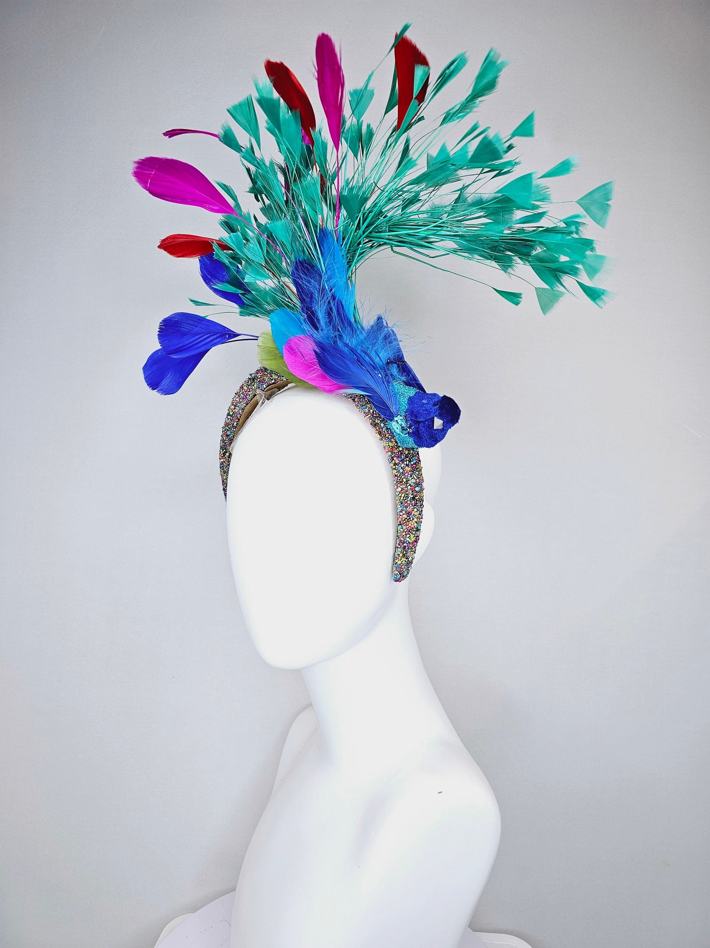 kentucky derby hat fascinator multicolored beaded rhinestone headband w blue feather beaded bird and turquoise blue pink red purple feathers