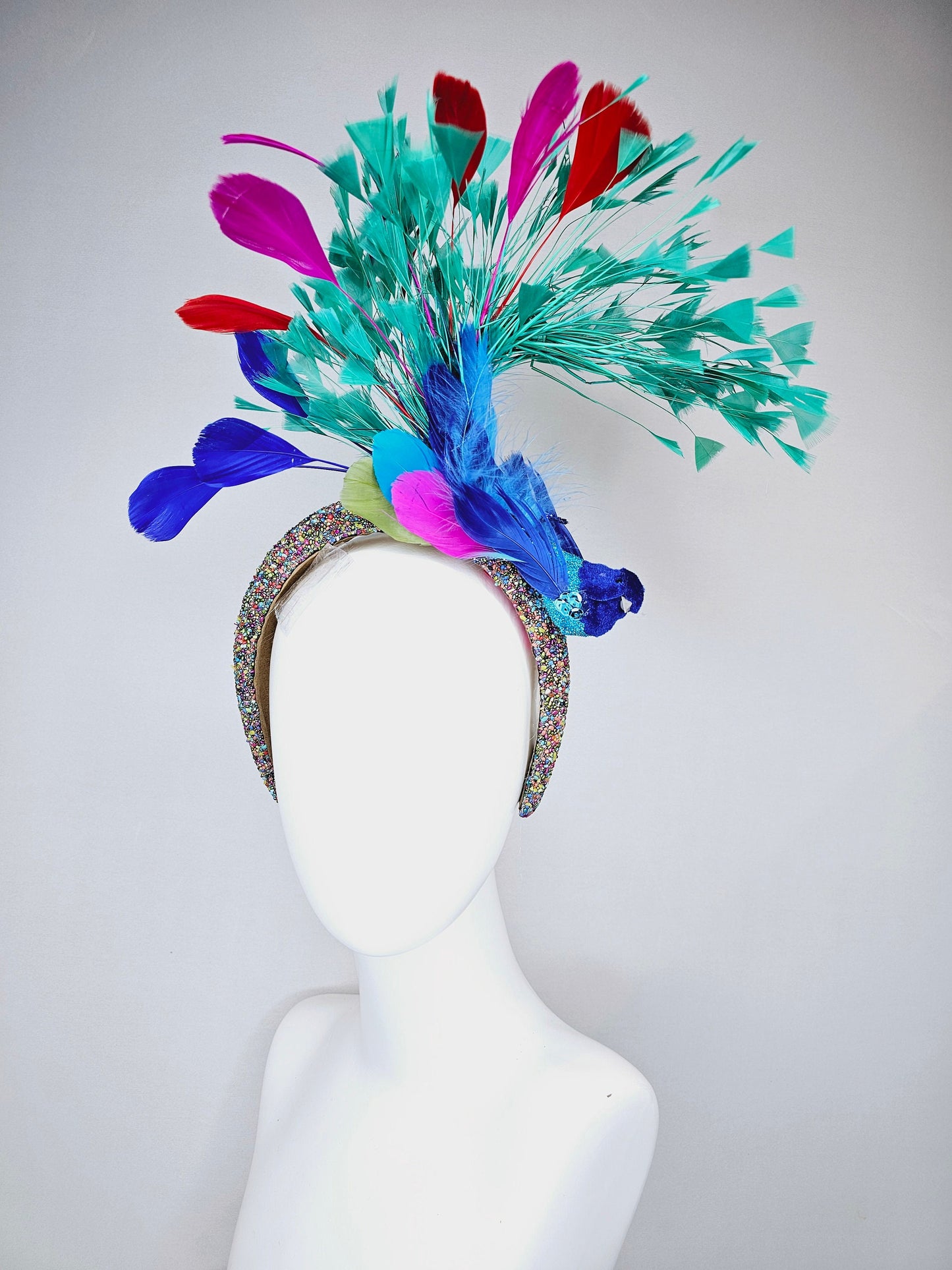 kentucky derby hat fascinator multicolored beaded rhinestone headband w blue feather beaded bird and turquoise blue pink red purple feathers