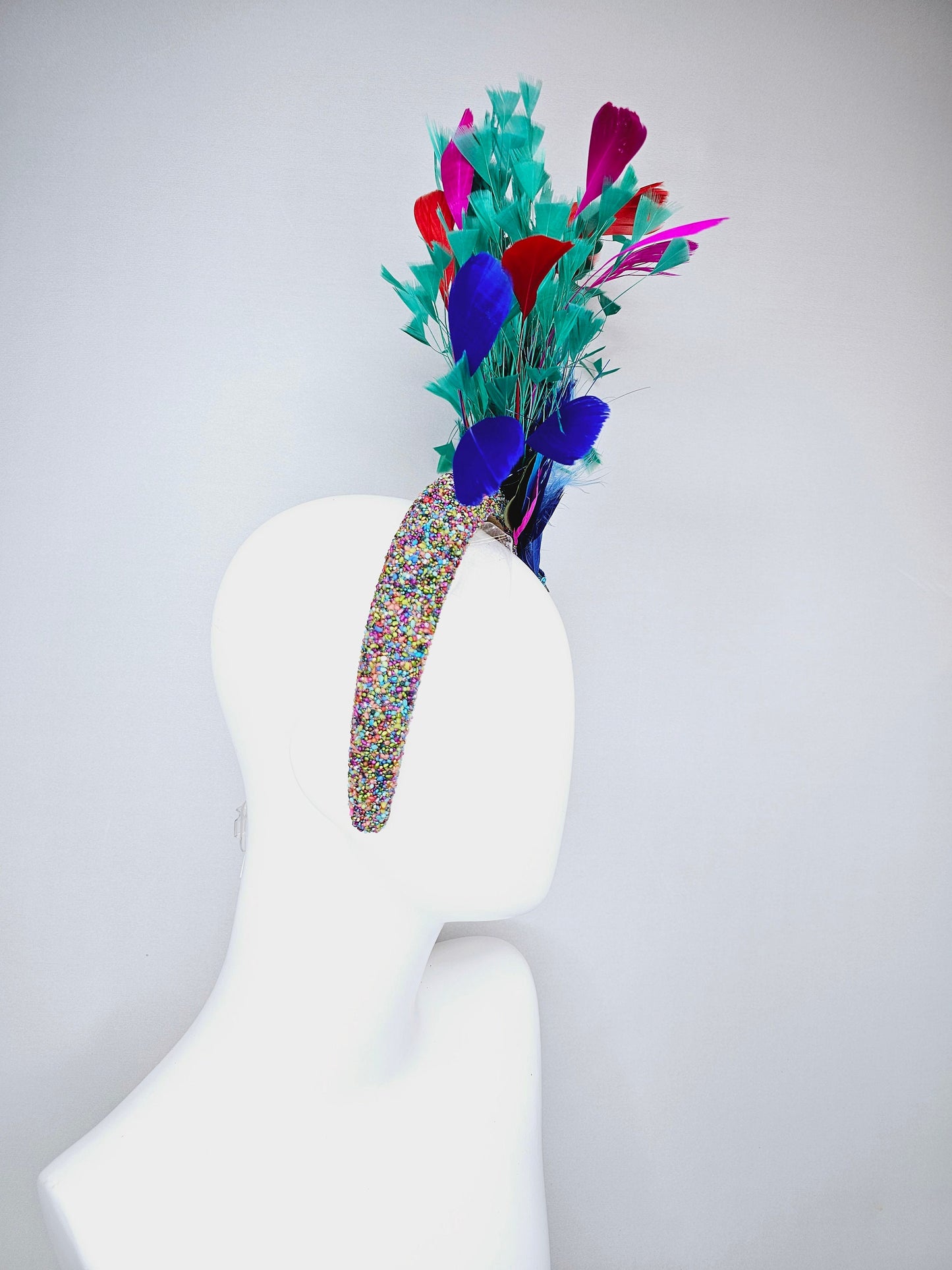 kentucky derby hat fascinator multicolored beaded rhinestone headband w blue feather beaded bird and turquoise blue pink red purple feathers