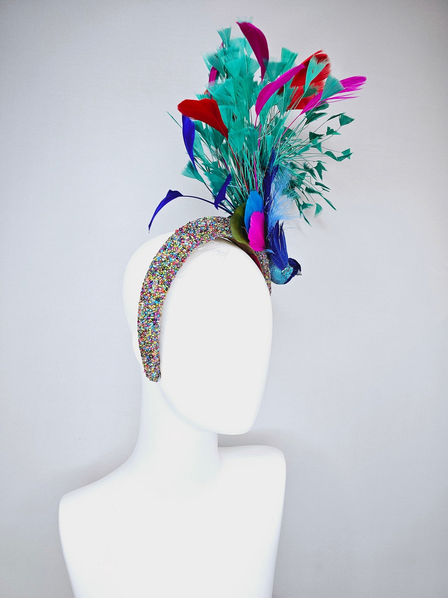 kentucky derby hat fascinator multicolored beaded rhinestone headband w blue feather beaded bird and turquoise blue pink red purple feathers