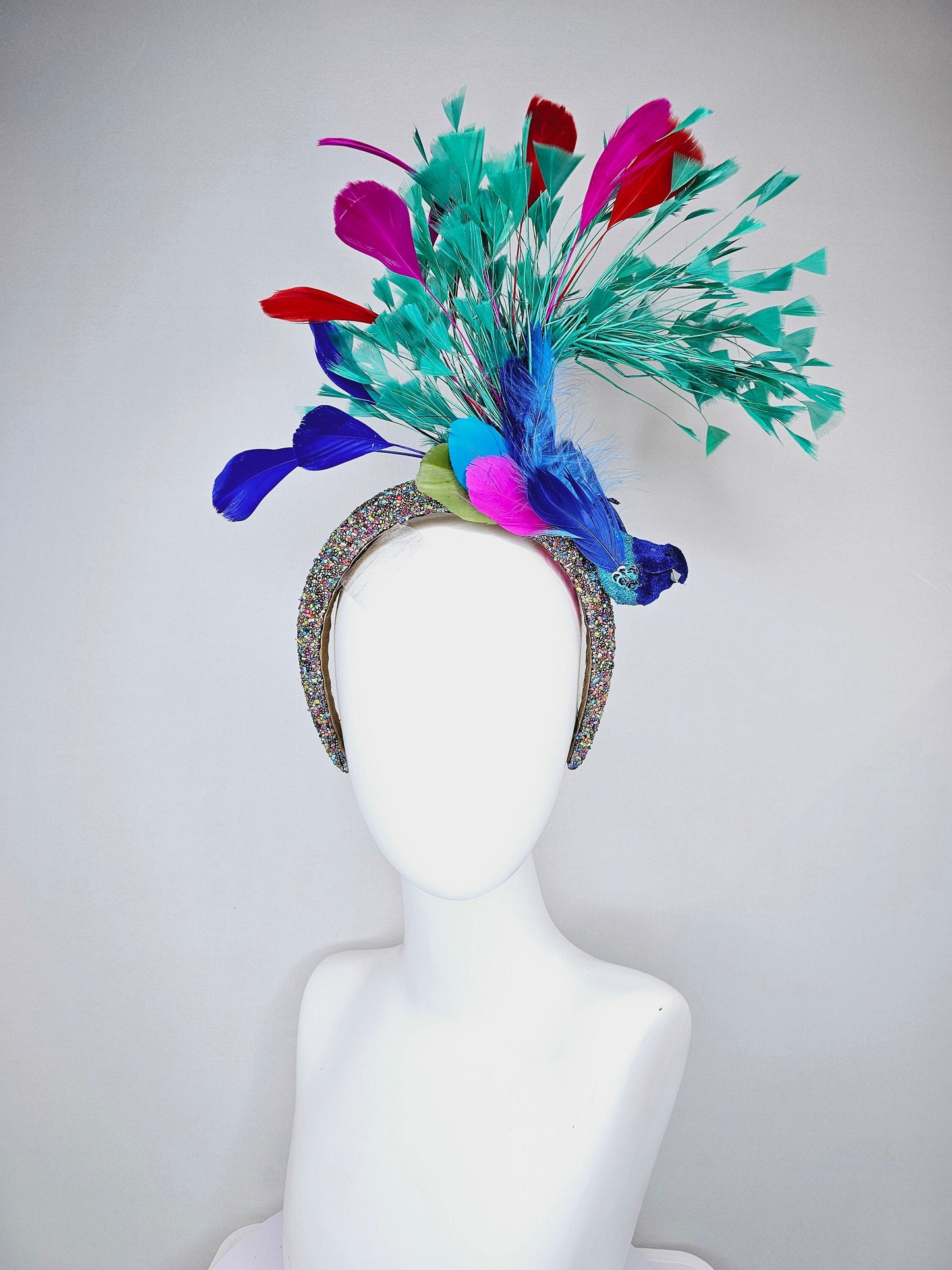 kentucky derby hat fascinator multicolored beaded rhinestone headband w blue feather beaded bird and turquoise blue pink red purple feathers