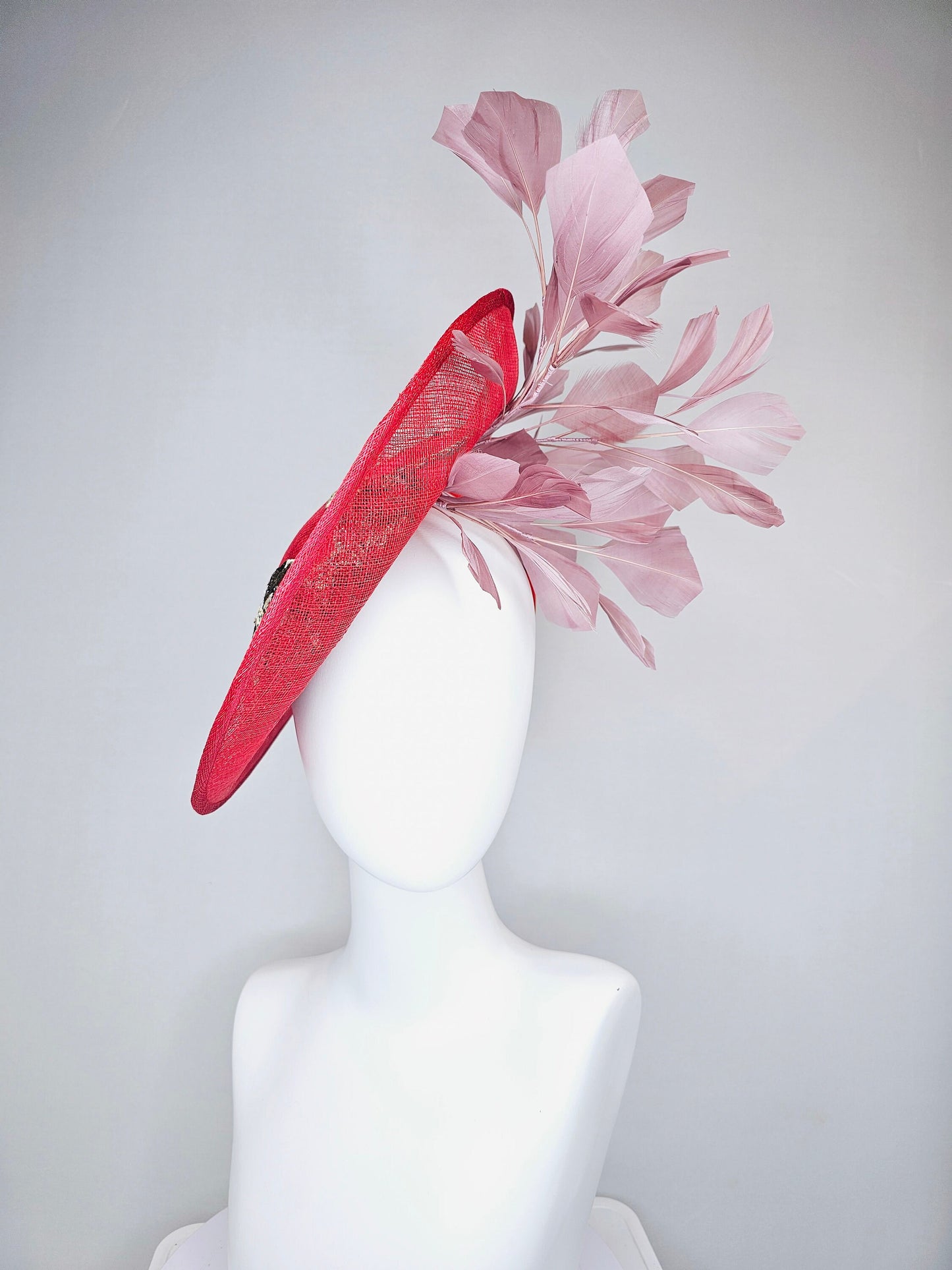 kentucky derby hat scarlet red sinamay saucer with black ivory gold leopard embroidered with blush pink feathers