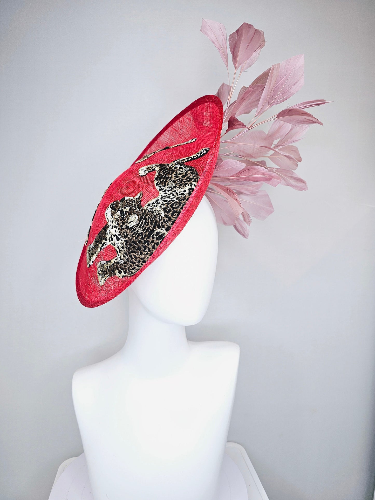 kentucky derby hat scarlet red sinamay saucer with black ivory gold leopard embroidered with blush pink feathers