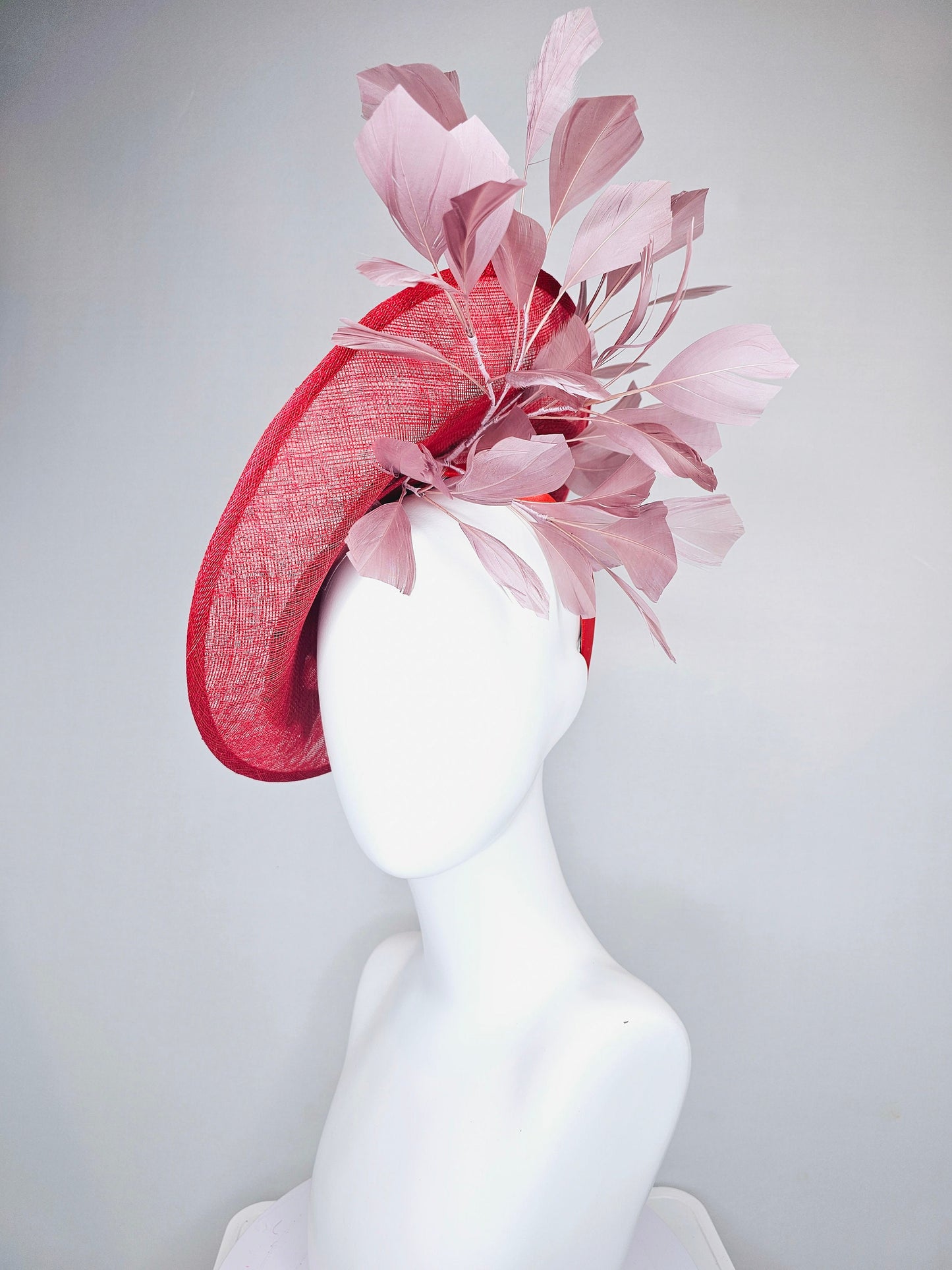 kentucky derby hat scarlet red sinamay saucer with black ivory gold leopard embroidered with blush pink feathers