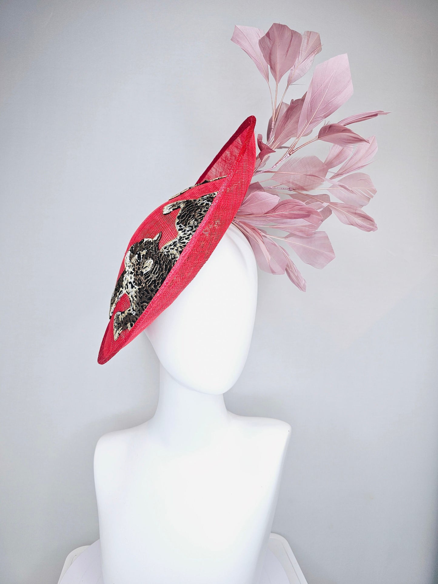 kentucky derby hat scarlet red sinamay saucer with black ivory gold leopard embroidered with blush pink feathers