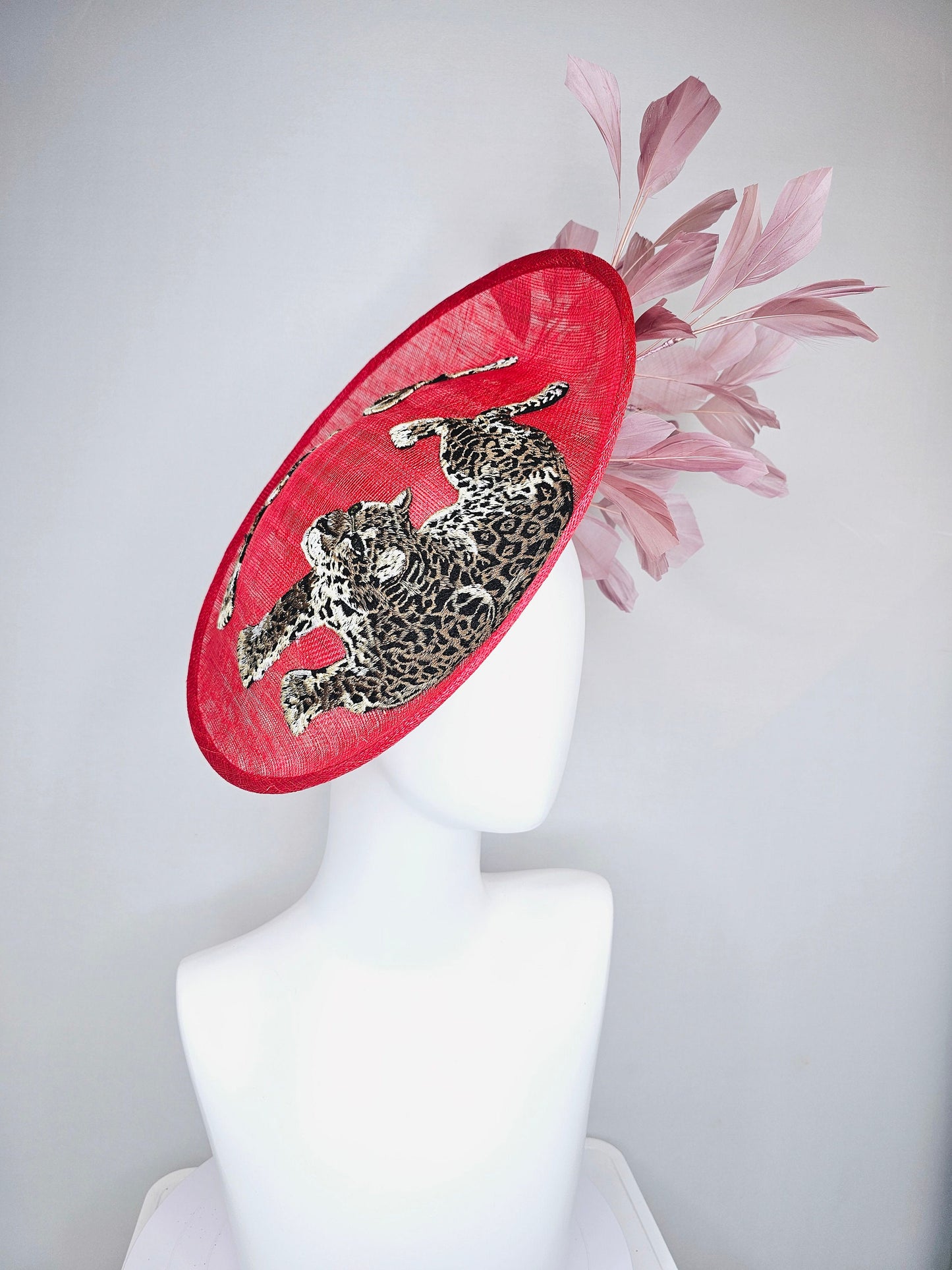 kentucky derby hat scarlet red sinamay saucer with black ivory gold leopard embroidered with blush pink feathers