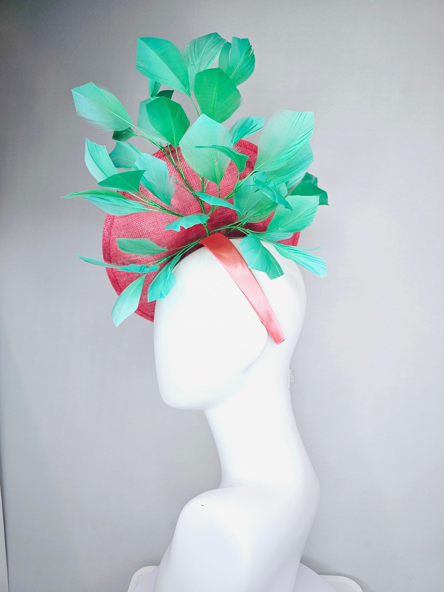 kentucky derby hat peach pink sinamay saucer with peach green gold pink embroidered flowers with green feathers