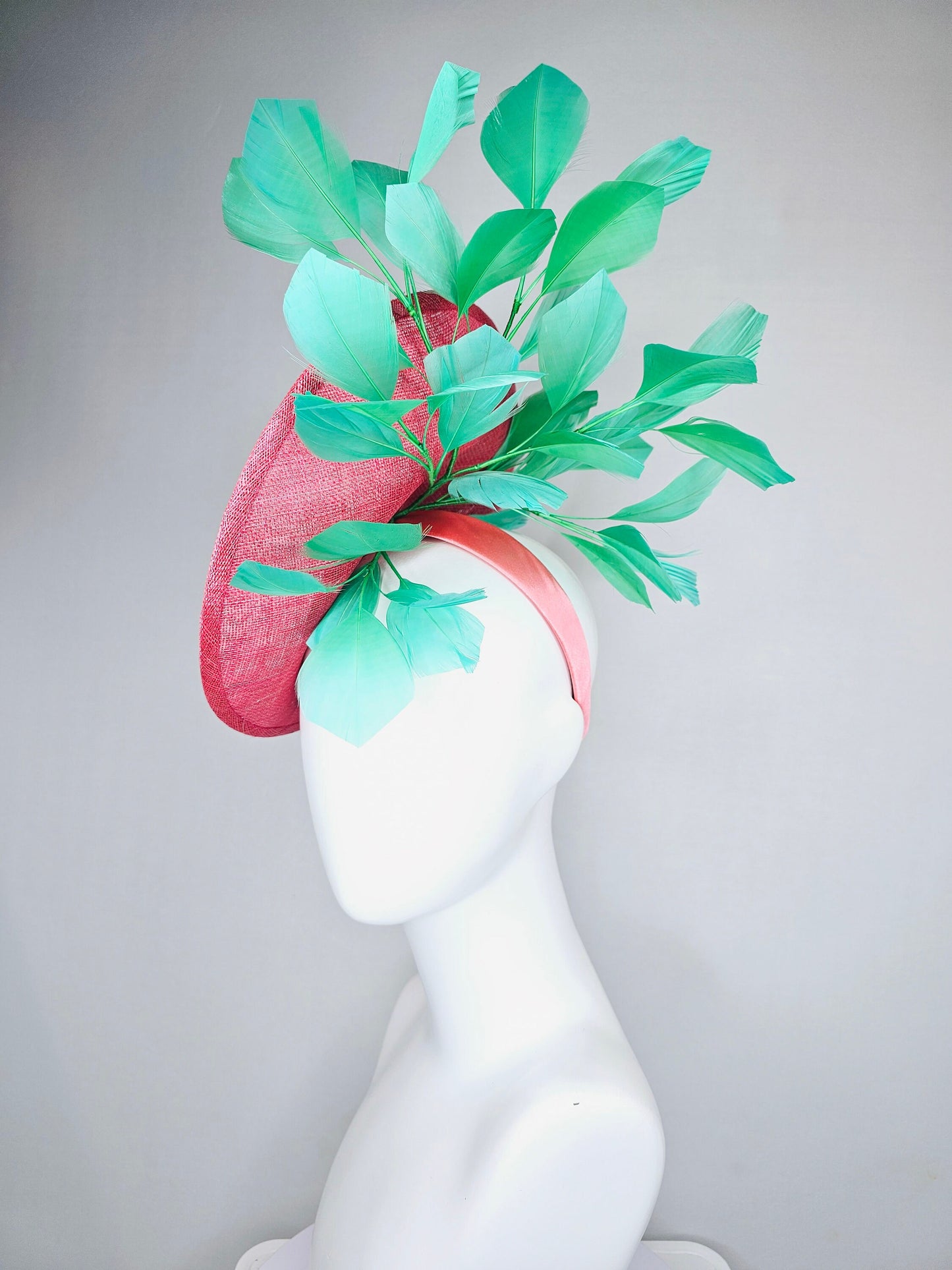 kentucky derby hat peach pink sinamay saucer with peach green gold pink embroidered flowers with green feathers