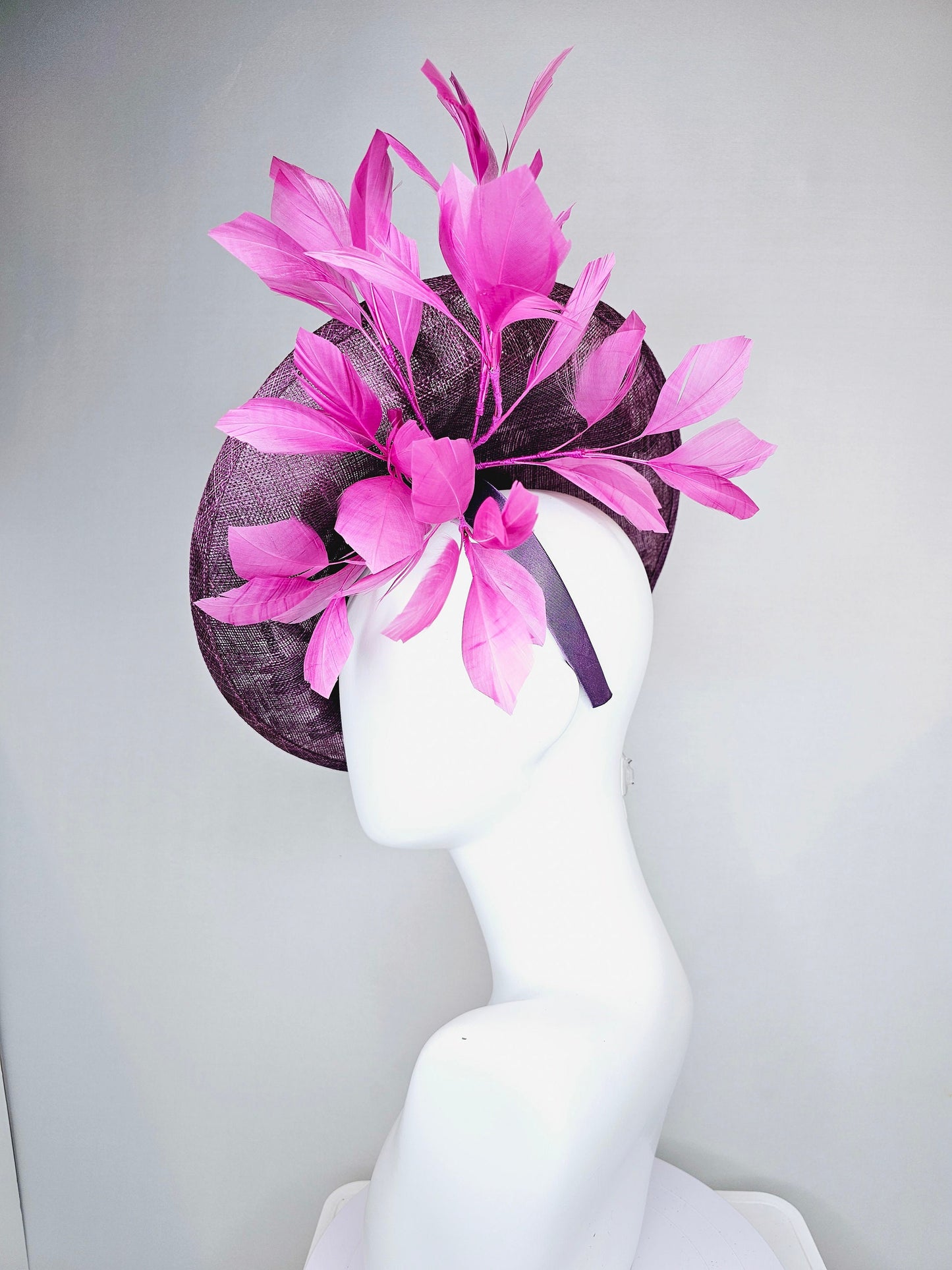 kentucky derby hat fascinator purple sinamay saucer with red pink green embroidered flowers with fuchsia pink feathers