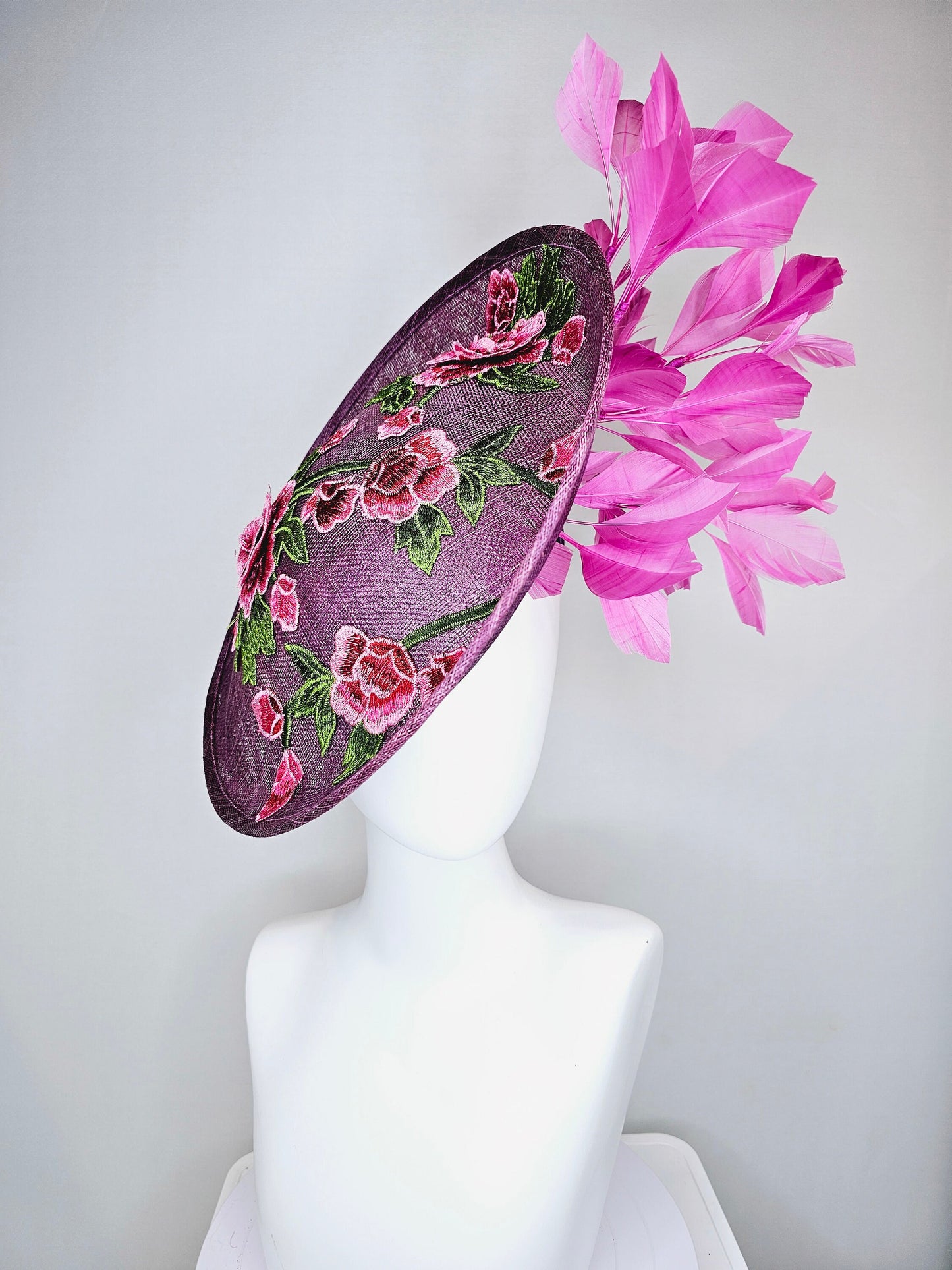 kentucky derby hat fascinator purple sinamay saucer with red pink green embroidered flowers with fuchsia pink feathers