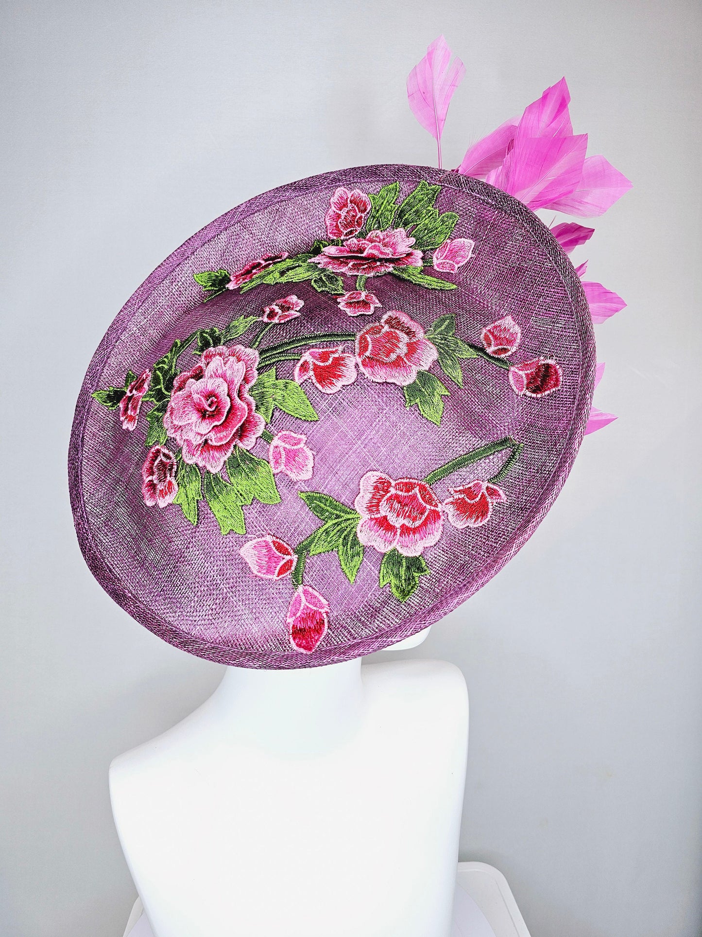 kentucky derby hat fascinator purple sinamay saucer with red pink green embroidered flowers with fuchsia pink feathers