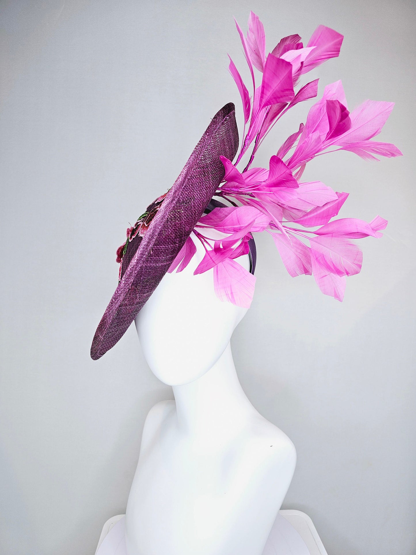 kentucky derby hat fascinator purple sinamay saucer with red pink green embroidered flowers with fuchsia pink feathers