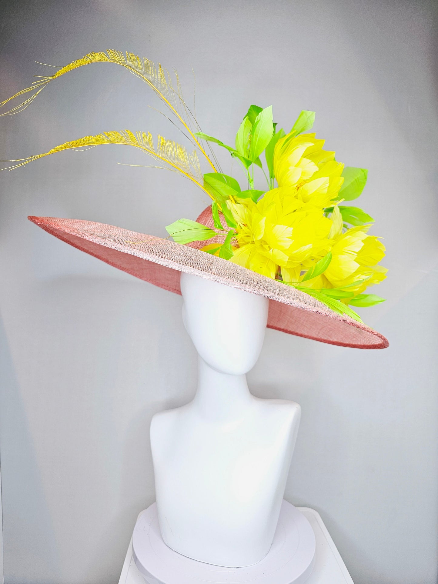 kentucky derby hat large wide brim sinamay blush pink hat w large green feathers bright yellow feather flowers w long tall yellow feathers