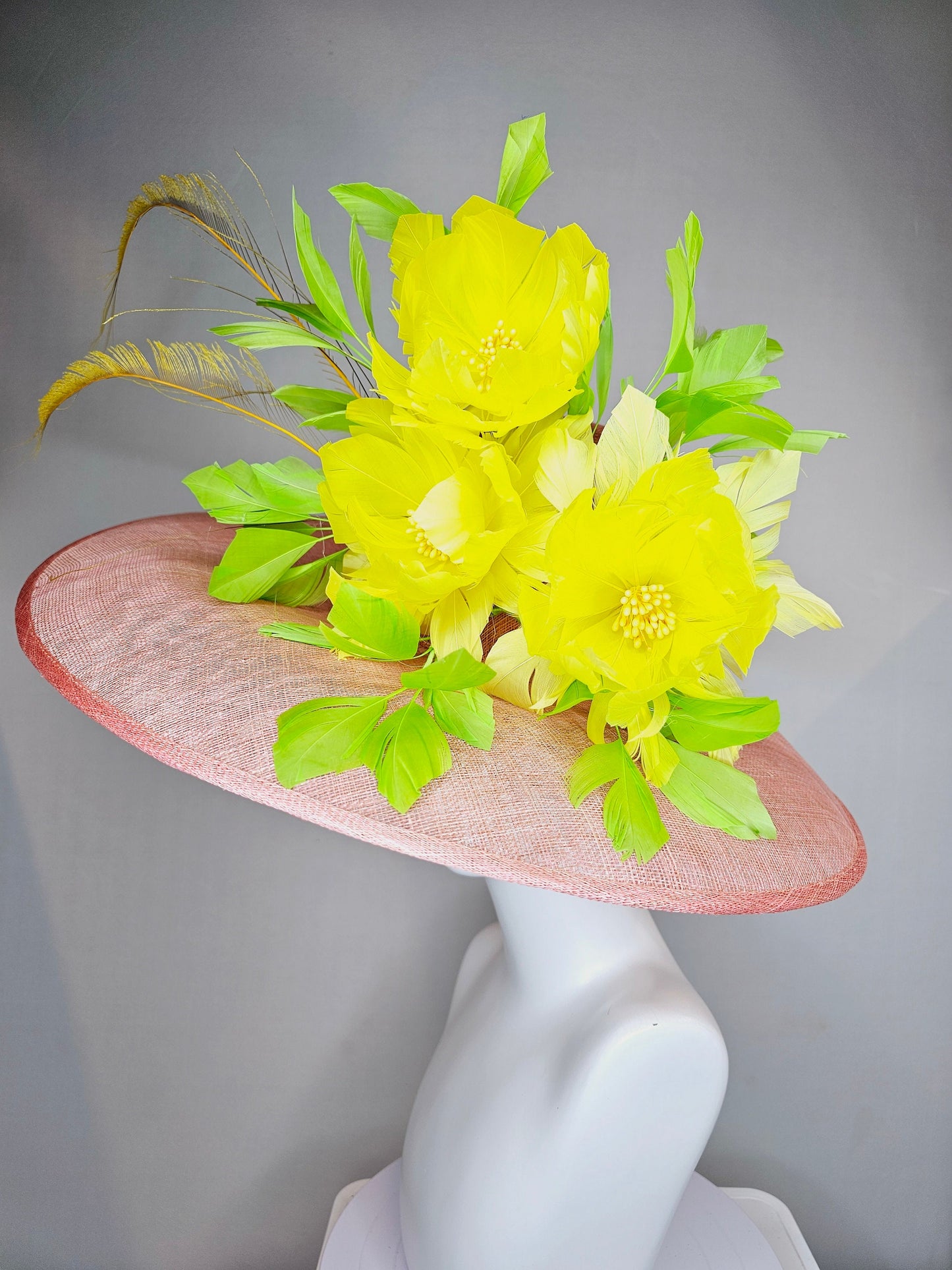 kentucky derby hat large wide brim sinamay blush pink hat w large green feathers bright yellow feather flowers w long tall yellow feathers