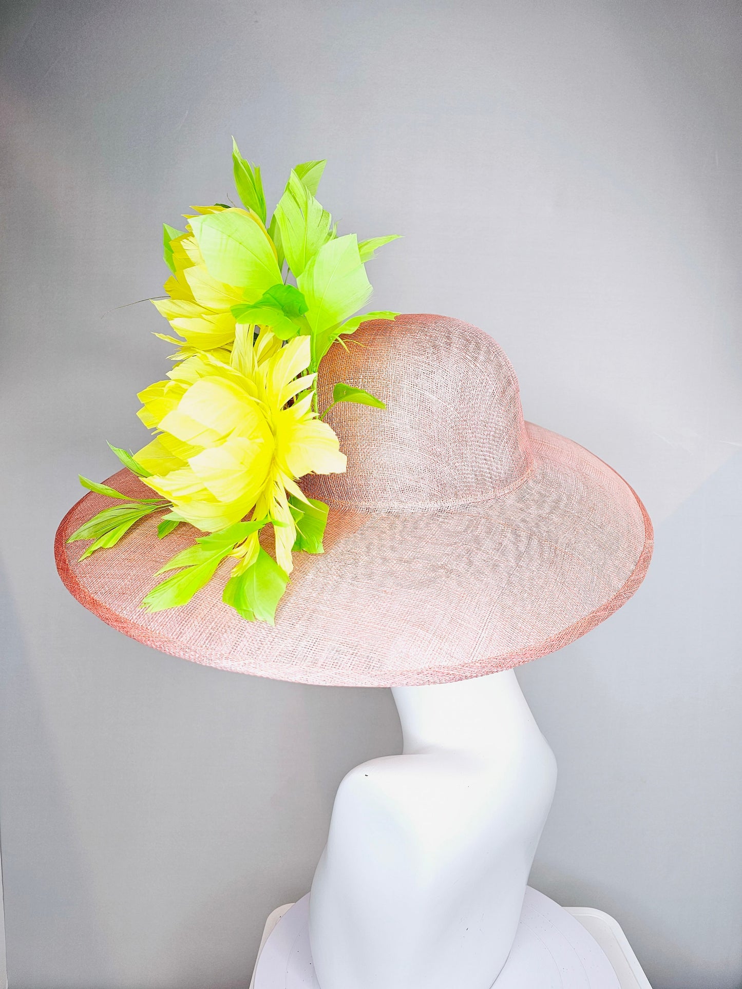 kentucky derby hat large wide brim sinamay blush pink hat w large green feathers bright yellow feather flowers w long tall yellow feathers