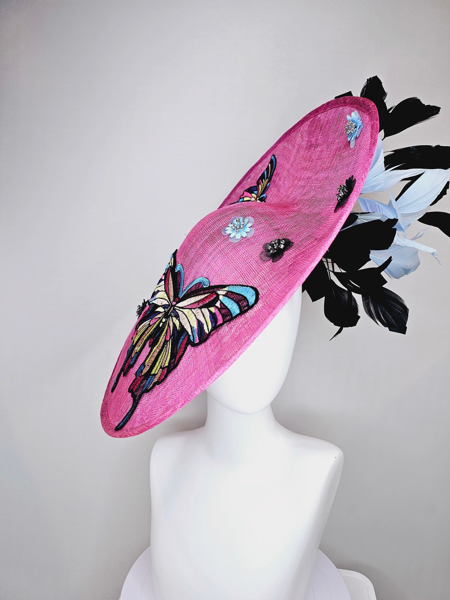 kentucky derby hat fascinator large pink sinamay saucer rainbow embroidered butterflies,blue black sequin beaded flowers,black blue feather
