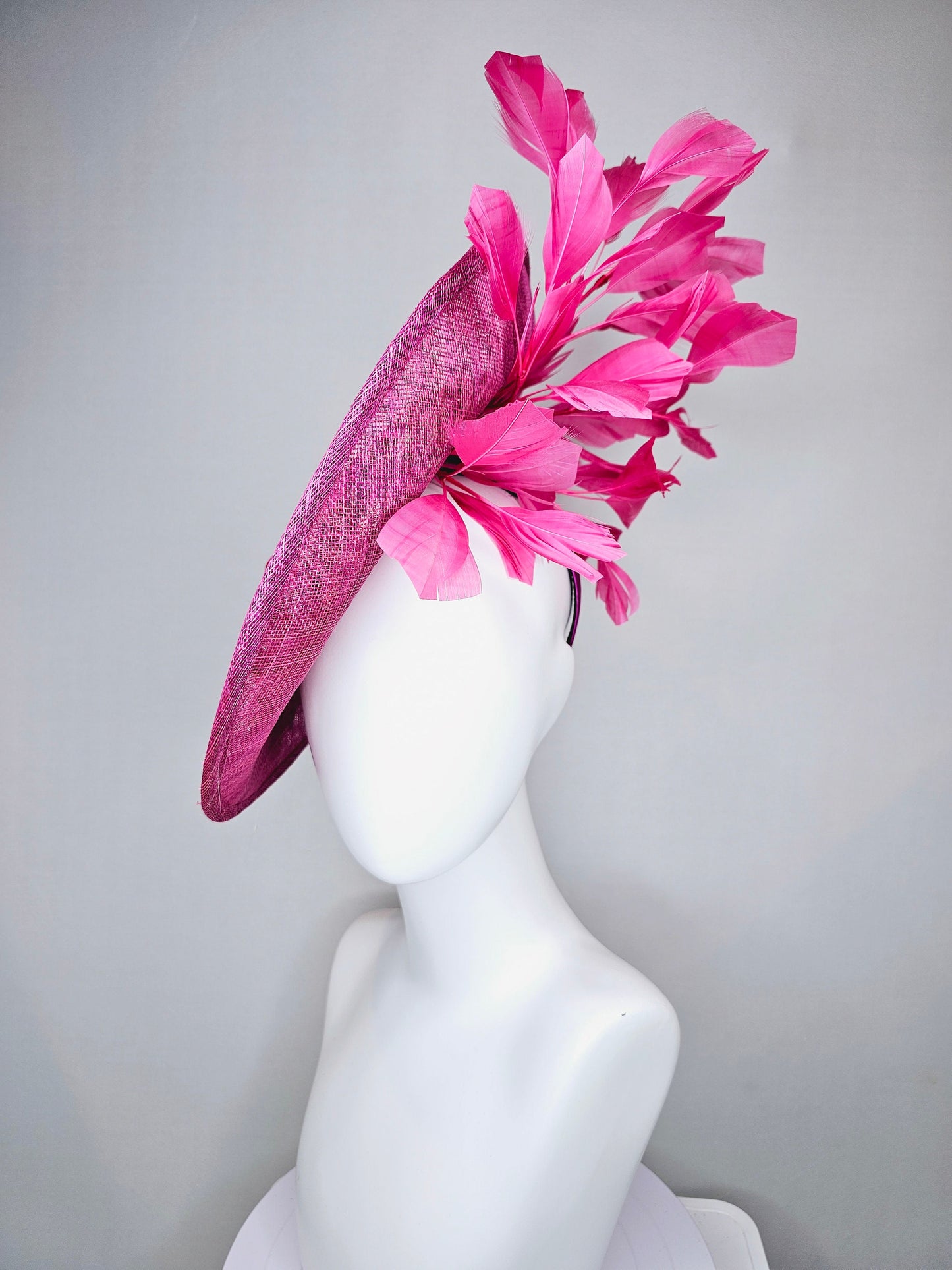 kentucky derby hat fascinator pink sinamay saucer with red pink green ivory floral embroidered, and pink feathers
