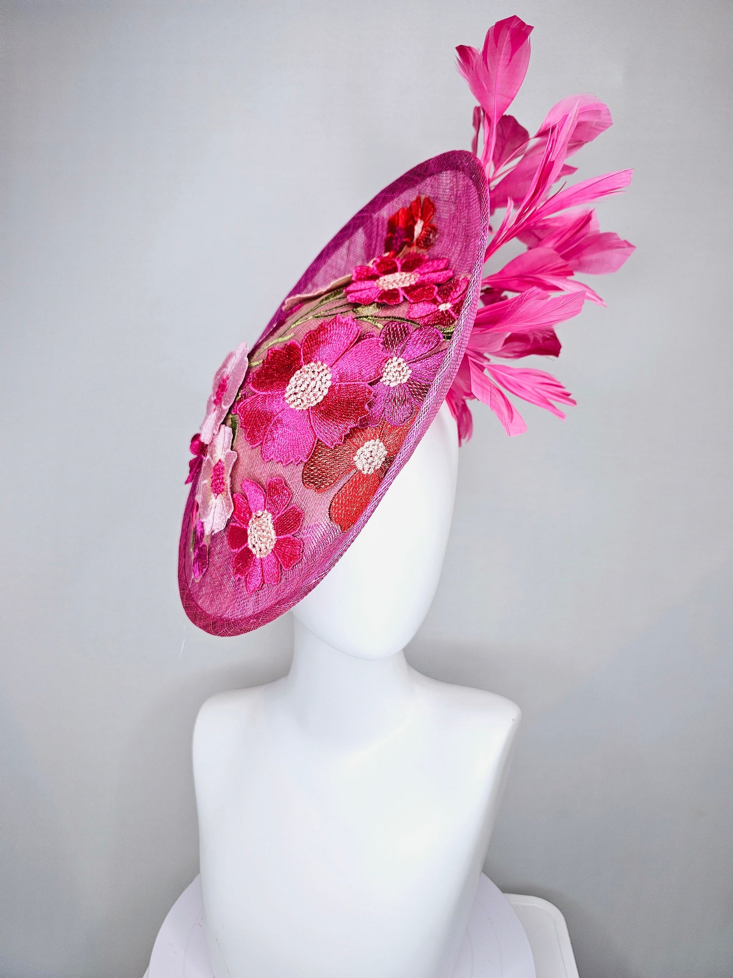kentucky derby hat fascinator pink sinamay saucer with red pink green ivory floral embroidered, and pink feathers
