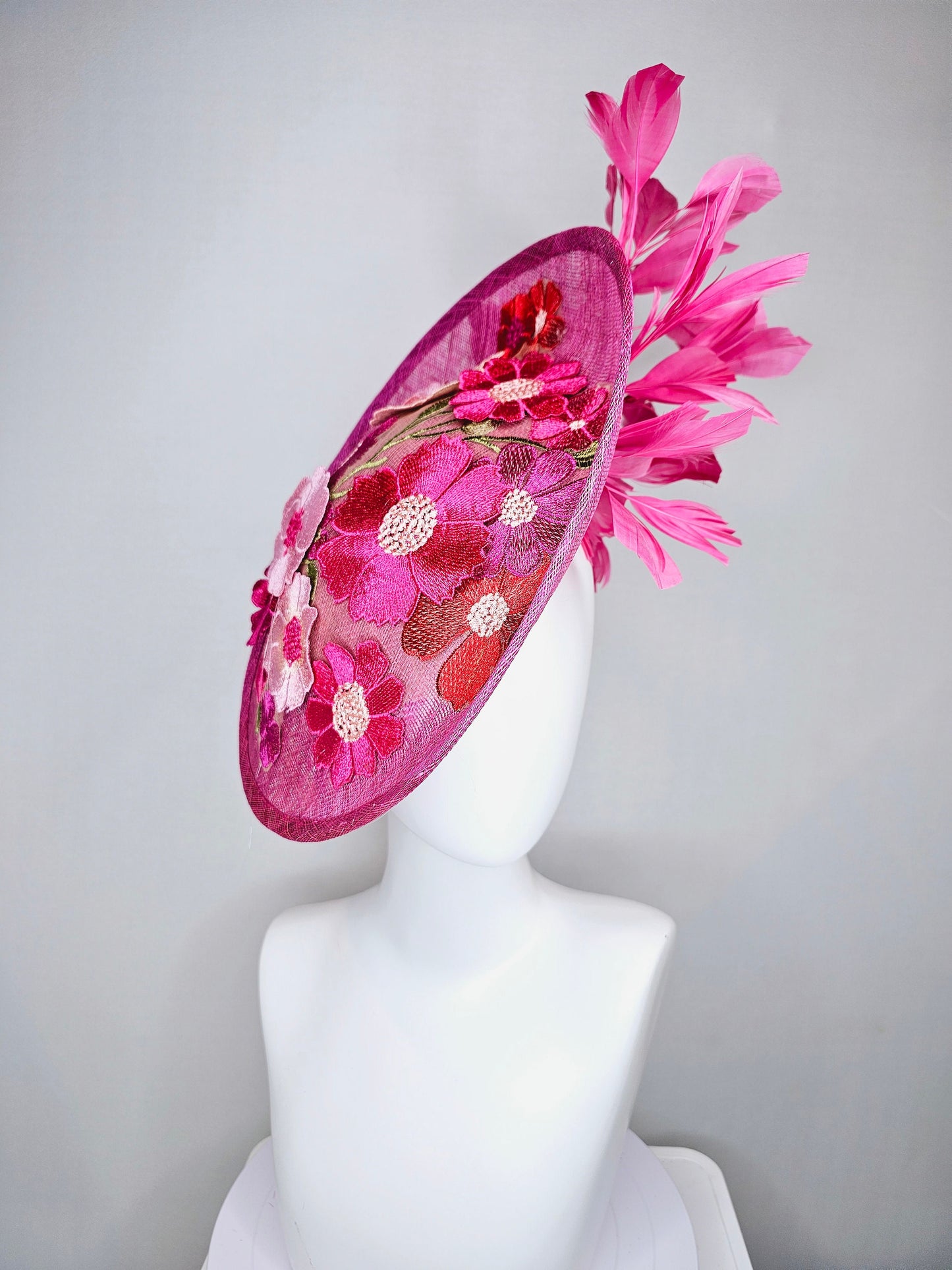 kentucky derby hat fascinator pink sinamay saucer with red pink green ivory floral embroidered, and pink feathers