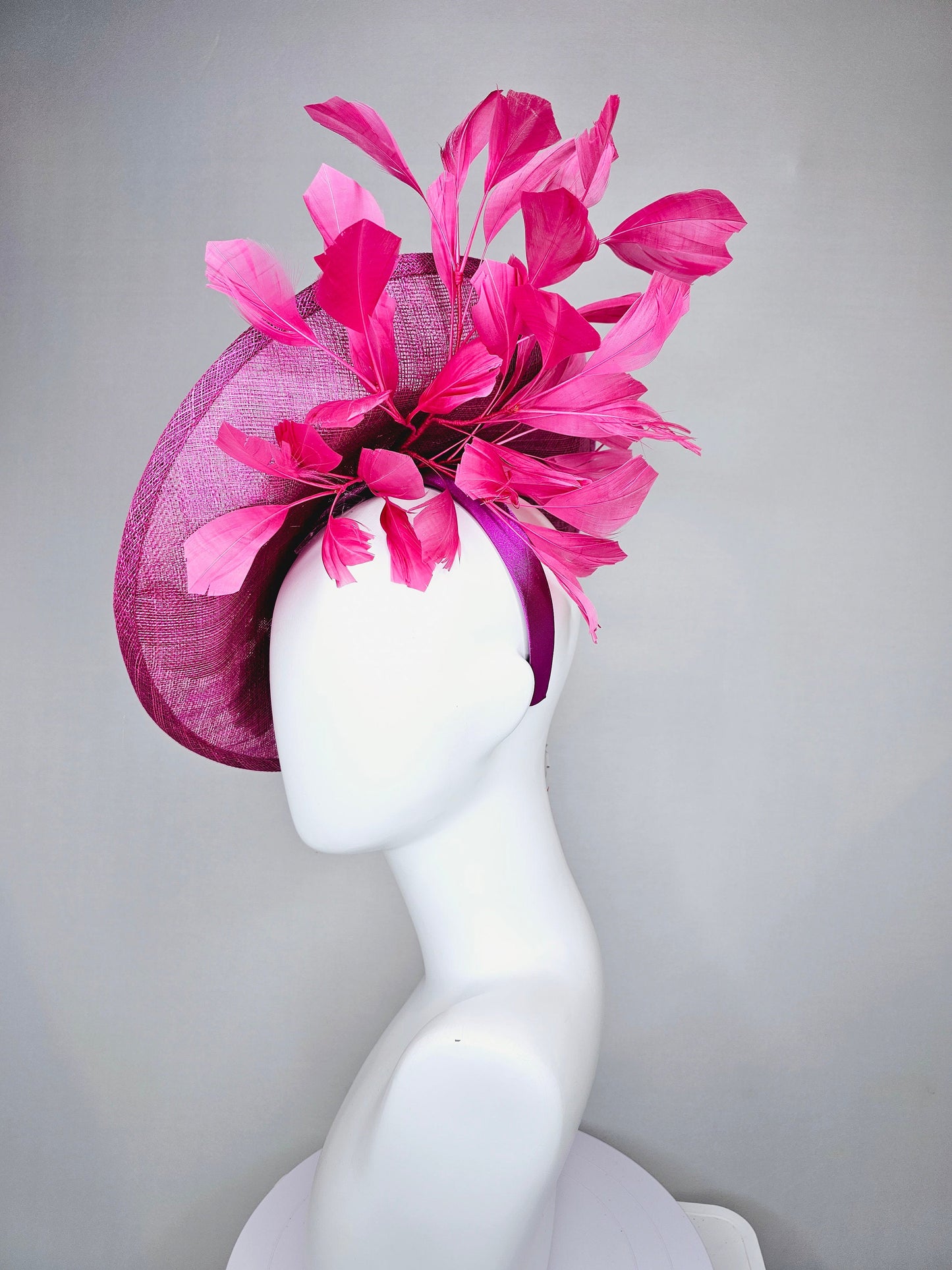 kentucky derby hat fascinator pink sinamay saucer with red pink green ivory floral embroidered, and pink feathers